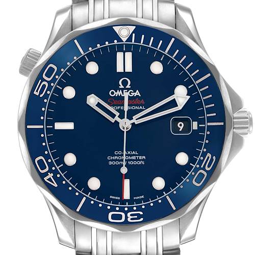 The Omega Seamaster 212.30.41.20.03.001 Men's Stainless Steel Blue Dial is shown from the front, highlighting the dial, bezel, crown, and stainless steel bracelet.