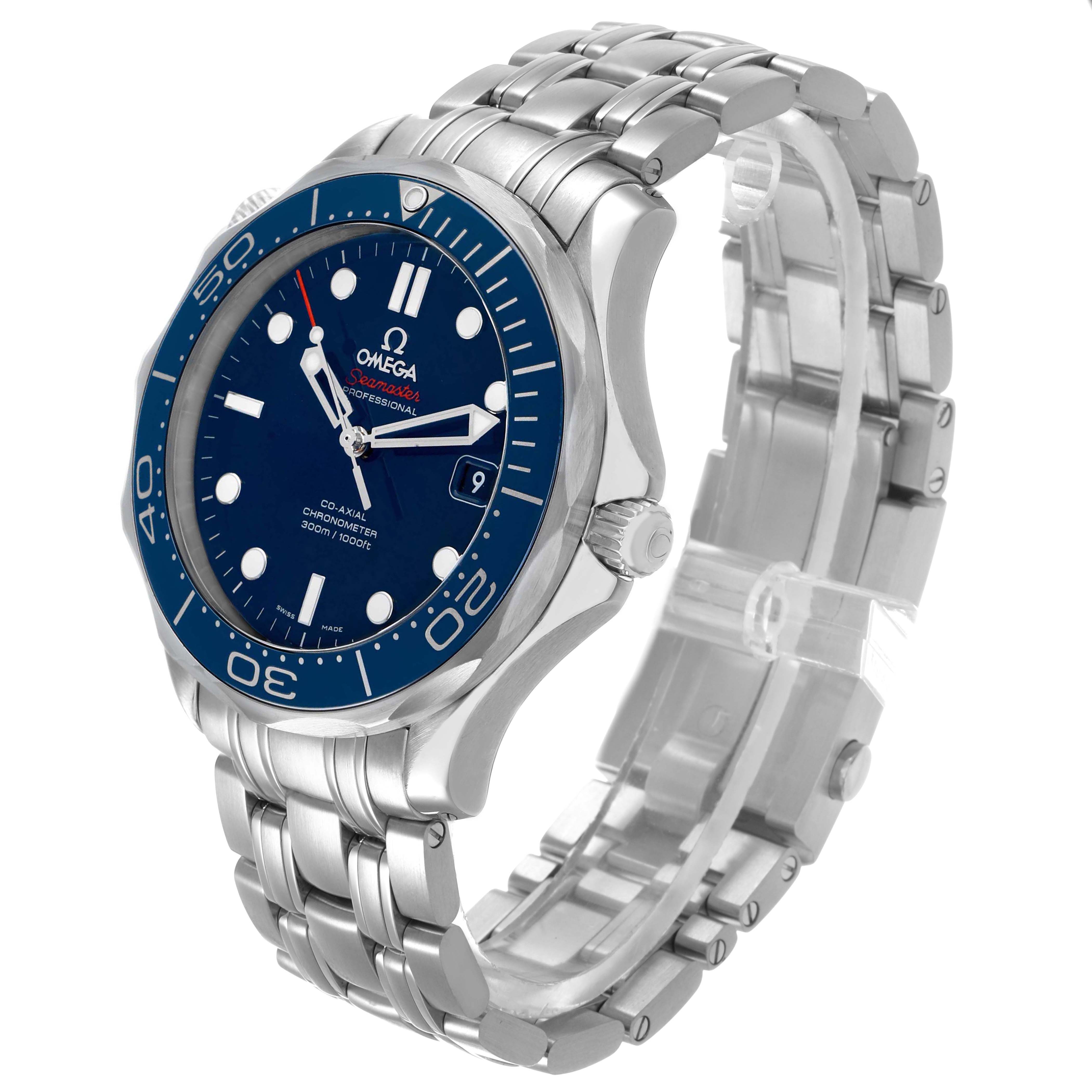 The Omega Seamaster 212.30.41.20.03.001 Men's Stainless Steel Blue Dial watch is shown in a three-quarter view, displaying its bezel, dial, crown, and metal bracelet.