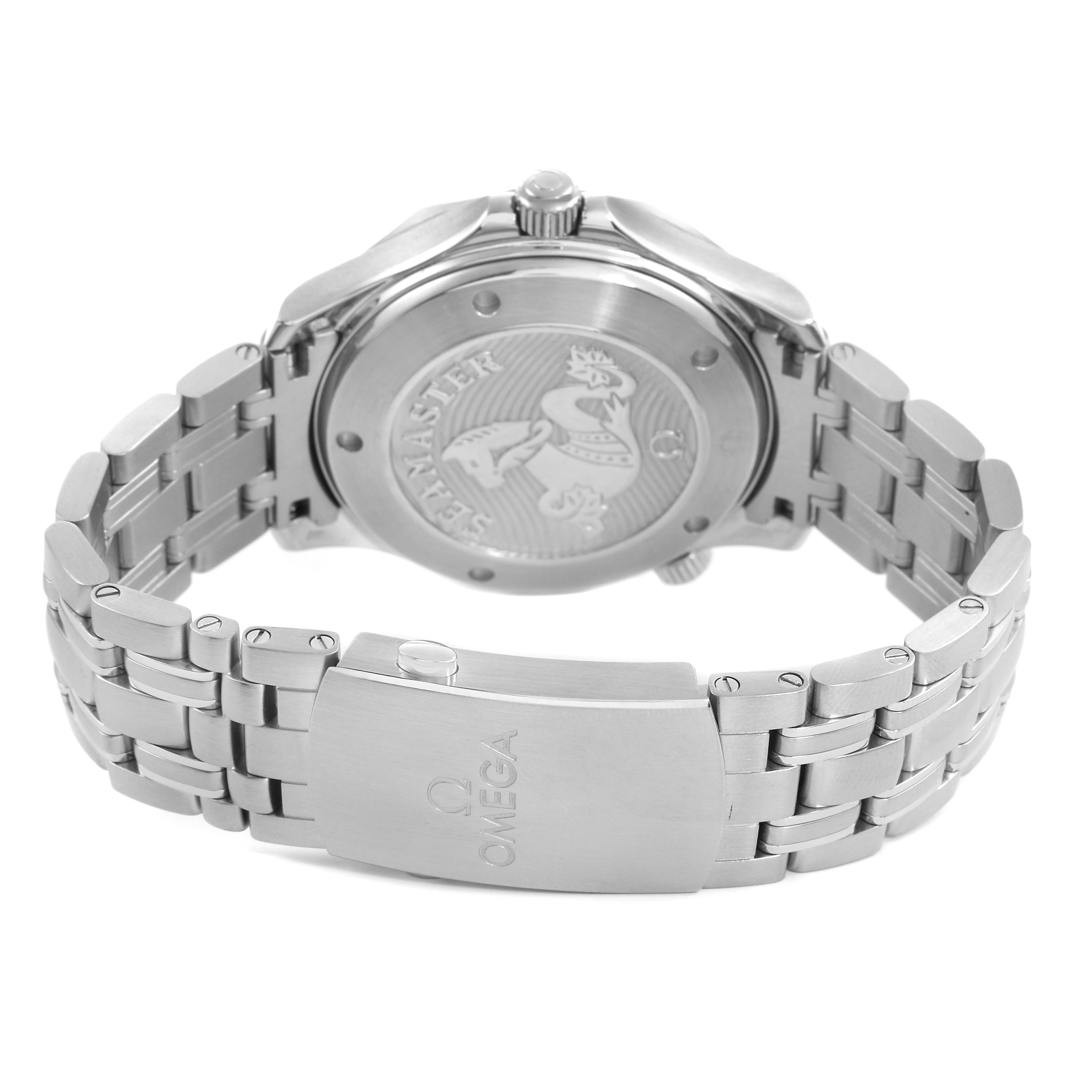 The image shows the back and bracelet of the Omega Seamaster 212.30.41.20.03.001 Men's Stainless Steel Blue Dial watch, highlighting the case back and clasp.