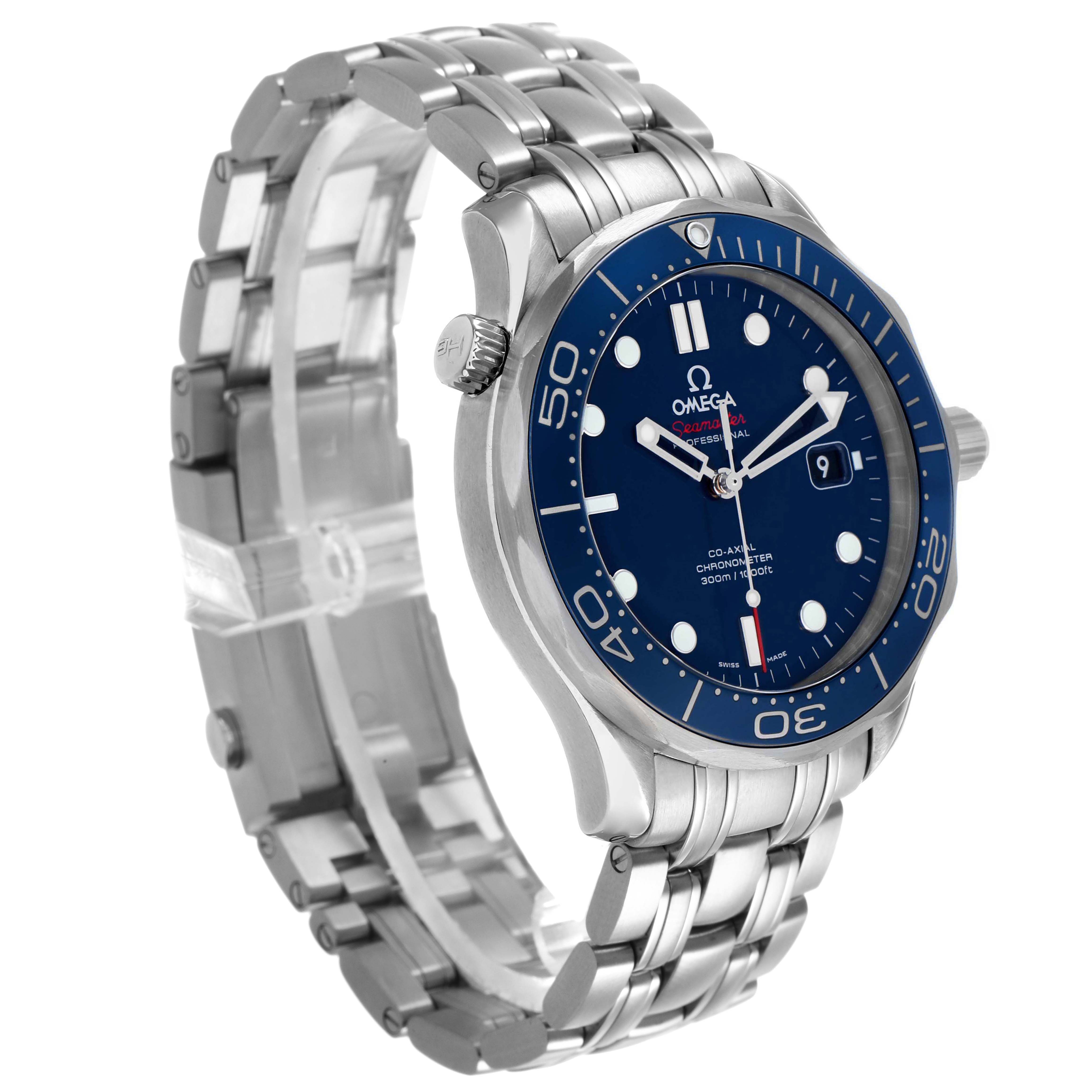 The Omega Seamaster 212.30.41.20.03.001 Men's Stainless Steel Blue Dial watch is shown at a three-quarter angle, highlighting the face, bezel, crown, and bracelet.