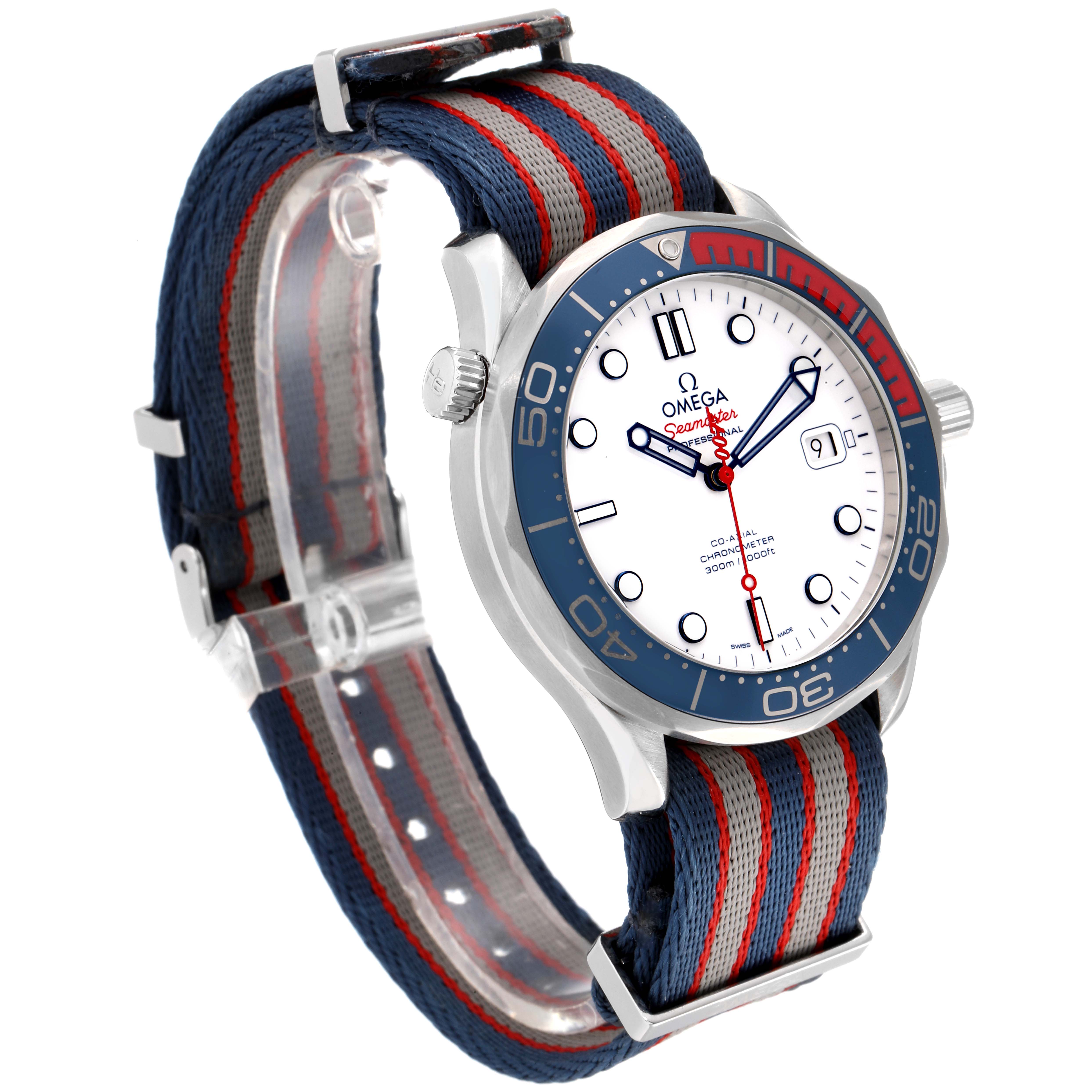 The Omega Seamaster 212.32.41.20.04.001 Men's Stainless Steel White Dial 212.32.41.20.04.001 Men's Stainless Steel White Dial watch is shown at an angle depicting its white dial, blue bezel, NATO strap, and crown.