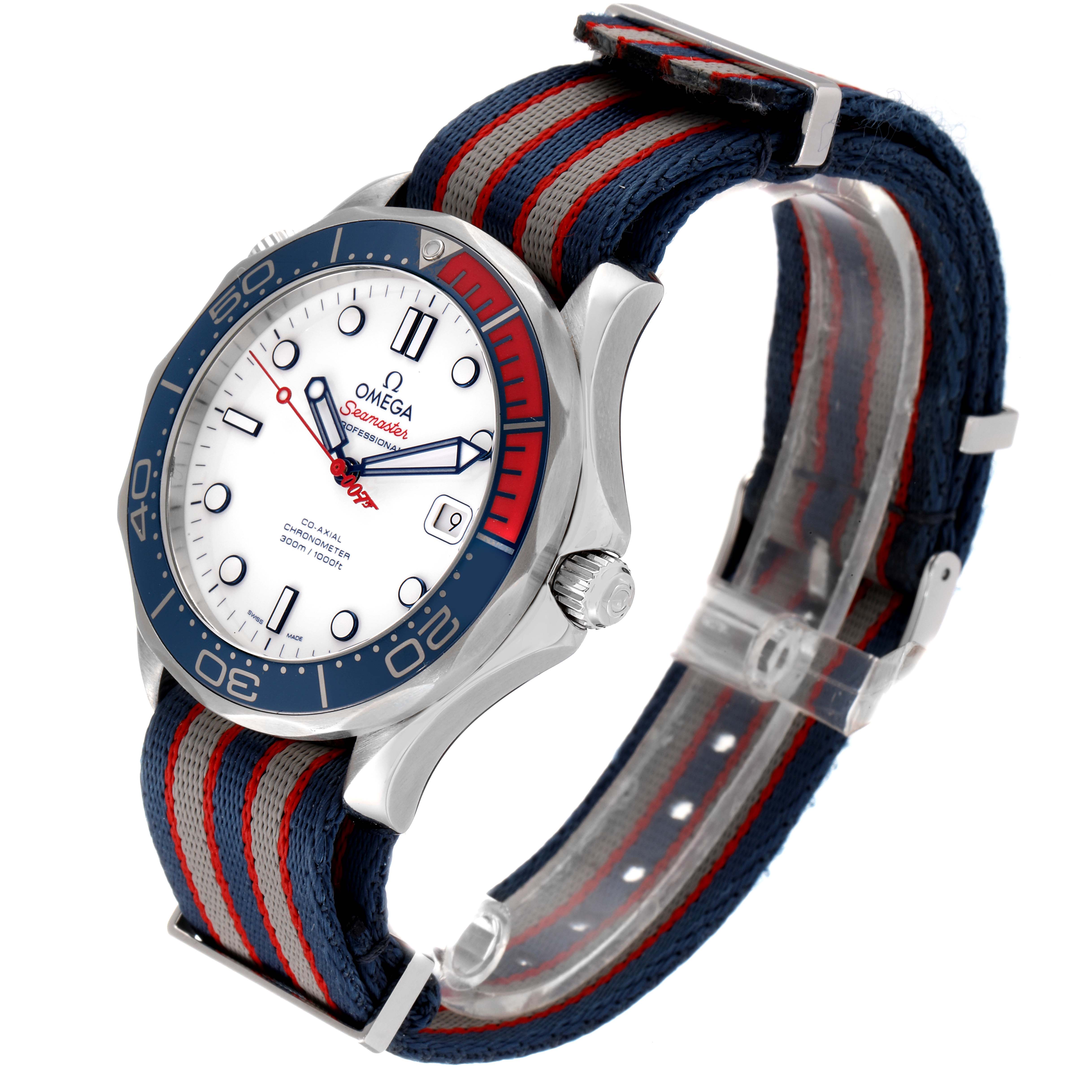 The Omega Seamaster 212.32.41.20.04.001 Men's Stainless Steel White Dial 212.32.41.20.04.001 Men's Stainless Steel White Dial watch is shown at a three-quarter angle, displaying its dial, bezel, crown, and NATO strap.