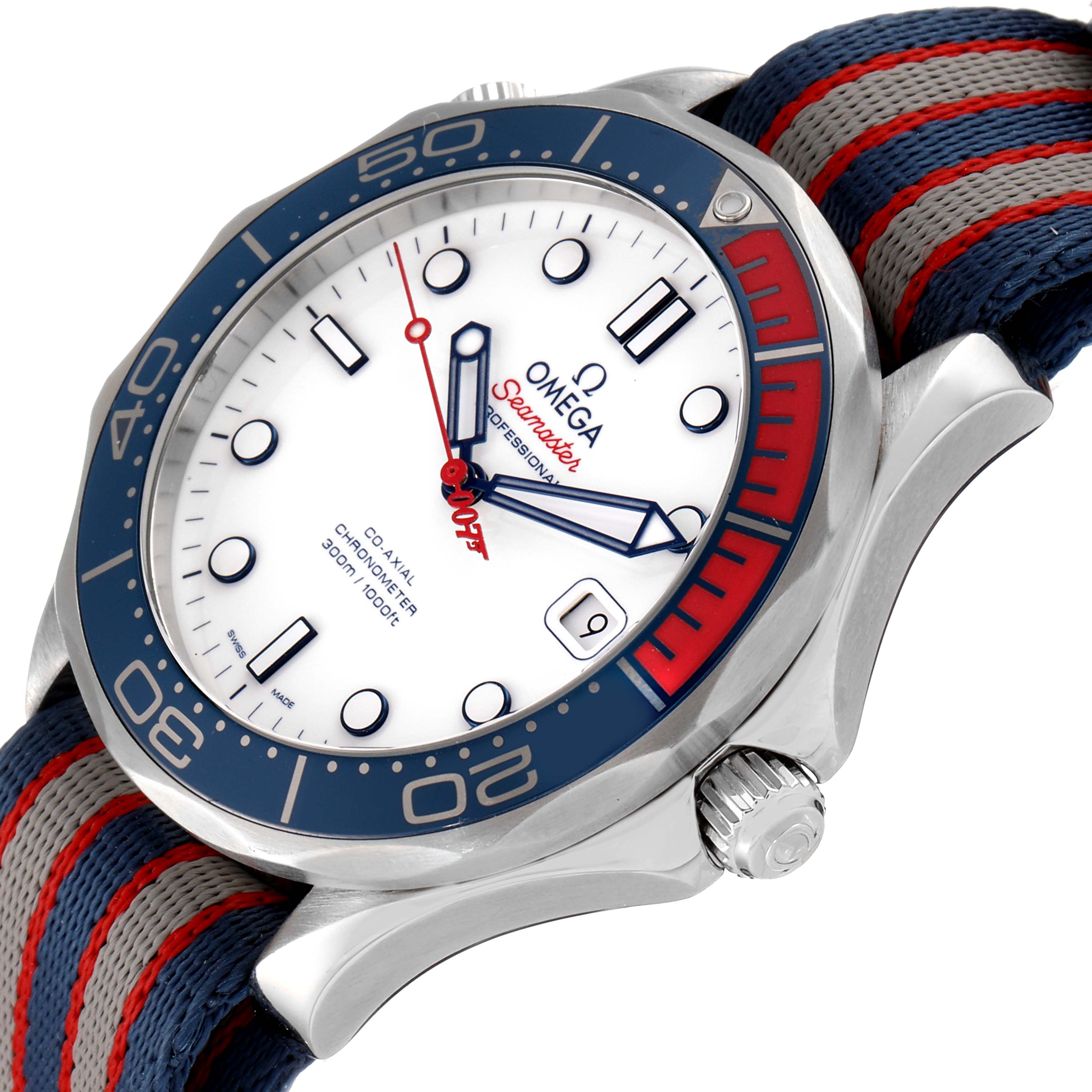 The image shows an angled close-up of the Omega Seamaster 212.32.41.20.04.001 Men's Stainless Steel White Dial 212.32.41.20.04.001 Men's Stainless Steel White Dial watch, highlighting its bezel, crown, and strap.