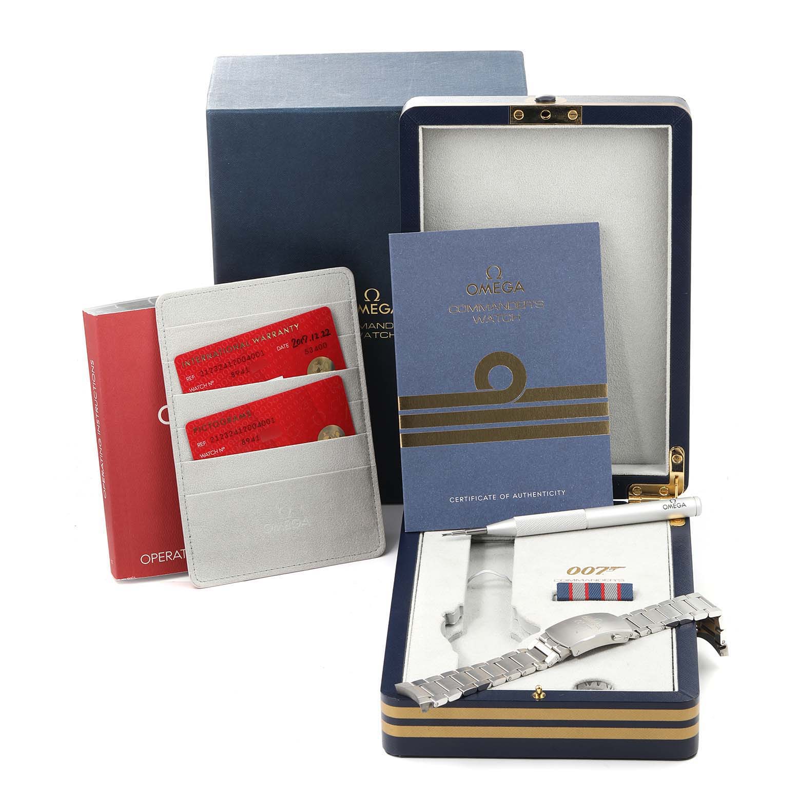 The image shows the packaging and accessories of an Omega Seamaster 212.32.41.20.04.001 Men's Stainless Steel White Dial 212.32.41.20.04.001 Men's Stainless Steel White Dial, including a box, warranty cards, manual, and a metal bracelet.