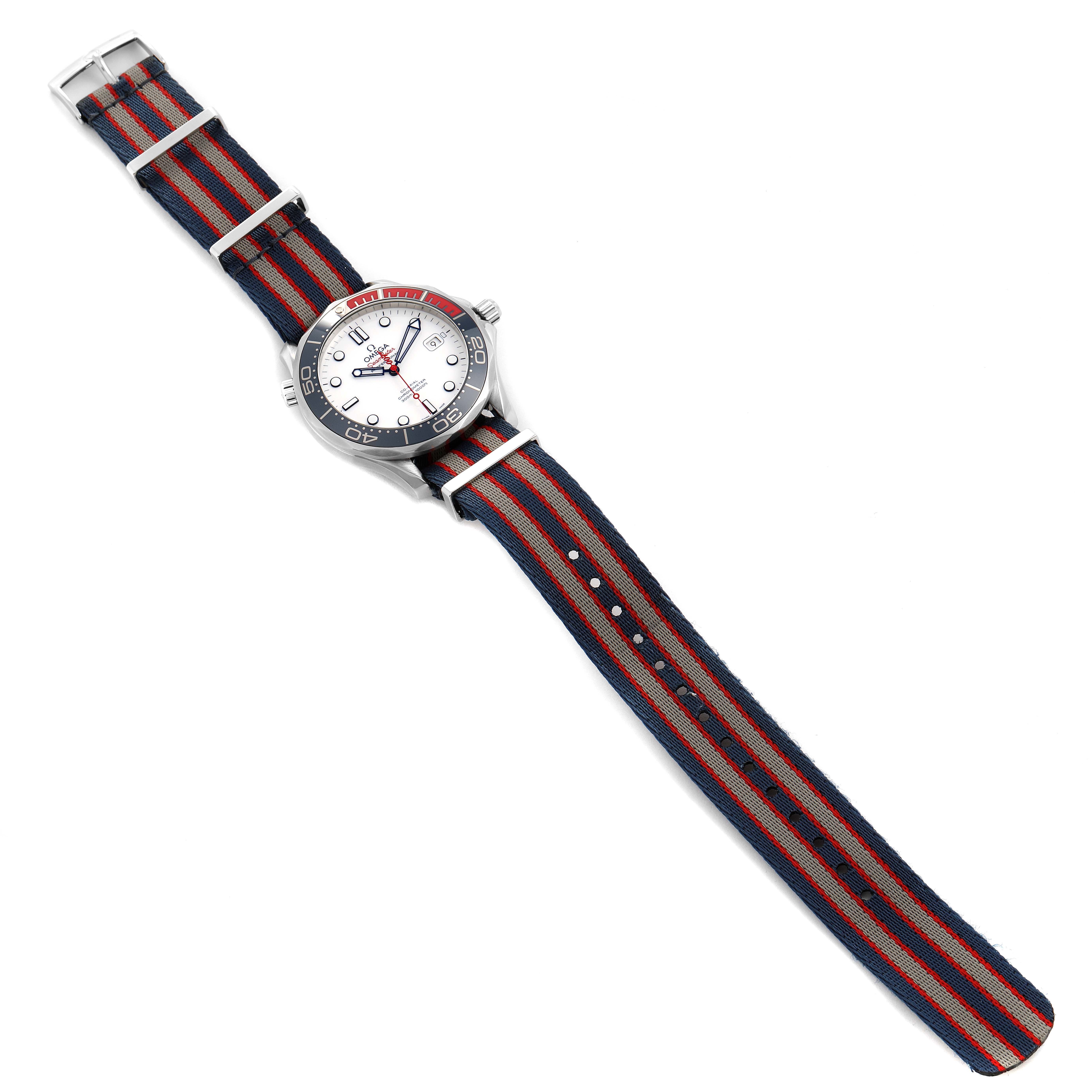 The image shows an Omega Seamaster 212.32.41.20.04.001 Men's Stainless Steel White Dial 212.32.41.20.04.001 Men's Stainless Steel White Dial watch laid flat, showcasing its dial, bezel, and a fabric NATO strap.