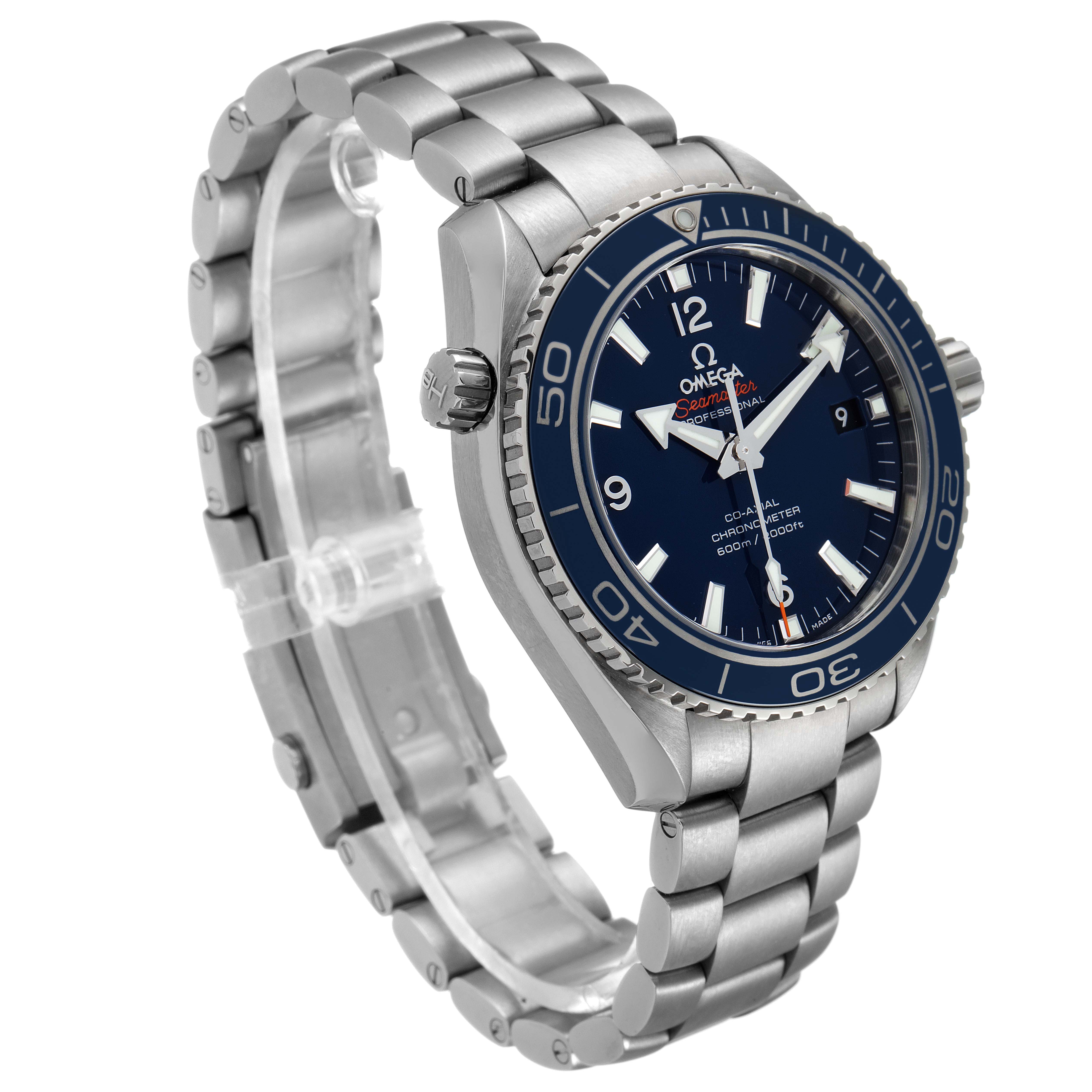 The Omega Planet Ocean 232.90.42.21.03.001 Men's Titanium Blue Dial 232.90.42.21.03.001 Men's Titanium Blue Dial model watch is shown at an angle displaying the bezel, dial, bracelet, and crown.