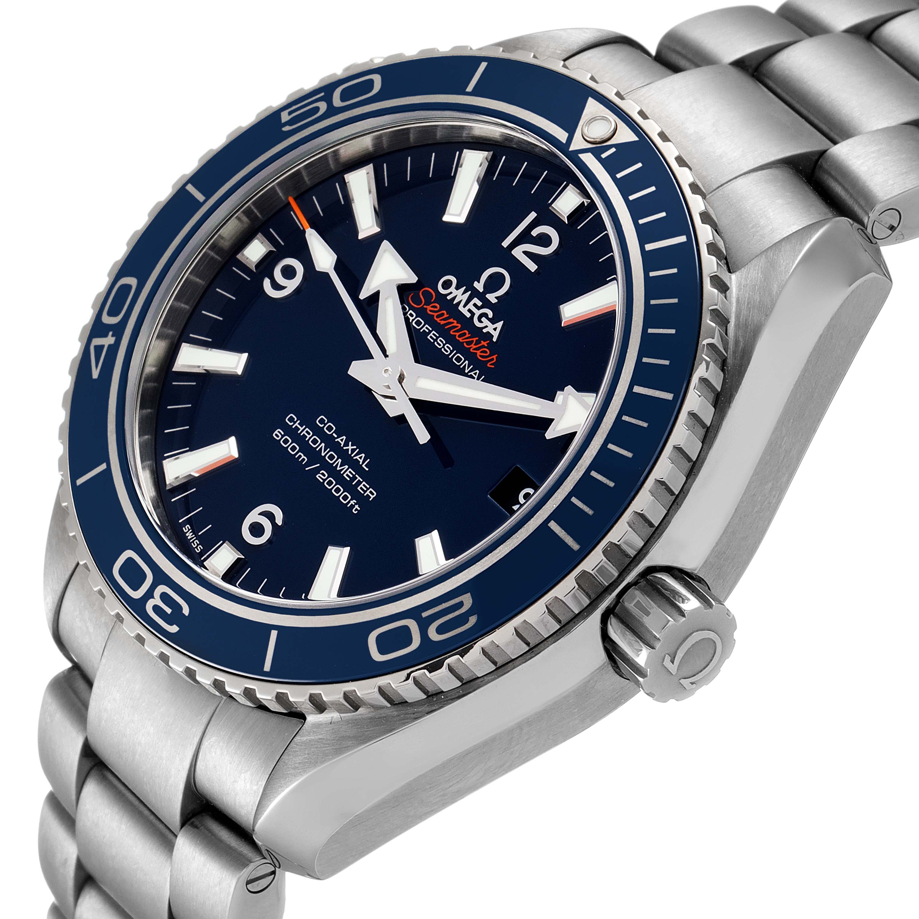 This image shows an angled view of the Omega Planet Ocean 232.90.42.21.03.001 Men's Titanium Blue Dial 232.90.42.21.03.001 Men's Titanium Blue Dial watch, highlighting its bezel, dial, and bracelet.