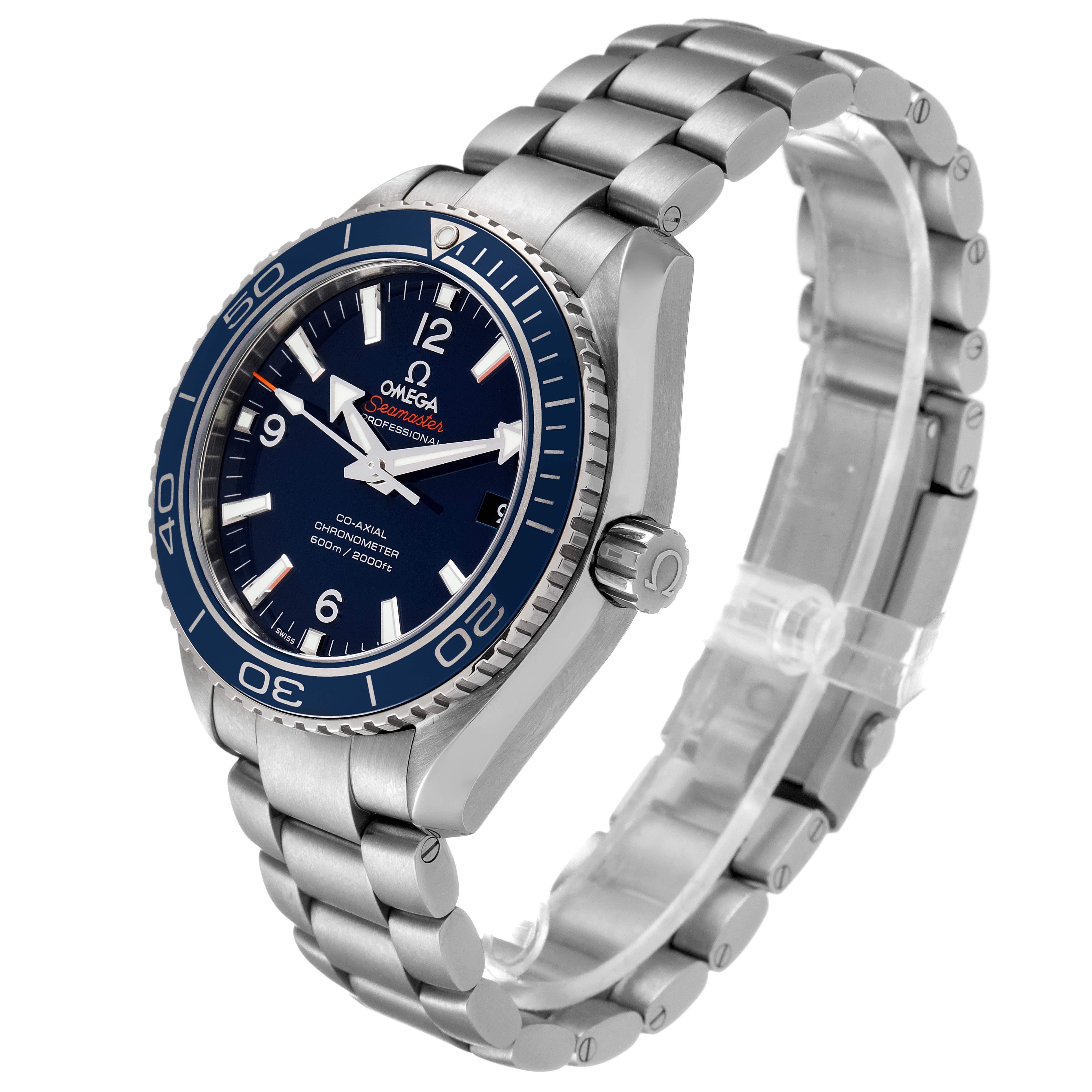 The Omega Planet Ocean 232.90.42.21.03.001 Men's Titanium Blue Dial 232.90.42.21.03.001 Men's Titanium Blue Dial watch is shown from an angled side view, displaying the watch face, bezel, crown, and bracelet.