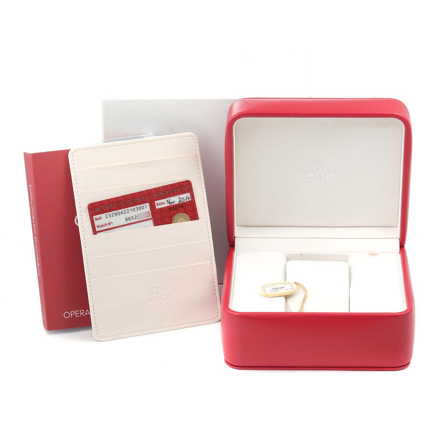 The image shows the packaging, warranty cards, and instruction manual for an Omega Planet Ocean 232.90.42.21.03.001 Men's Titanium Blue Dial 232.90.42.21.03.001 Men's Titanium Blue Dial watch.