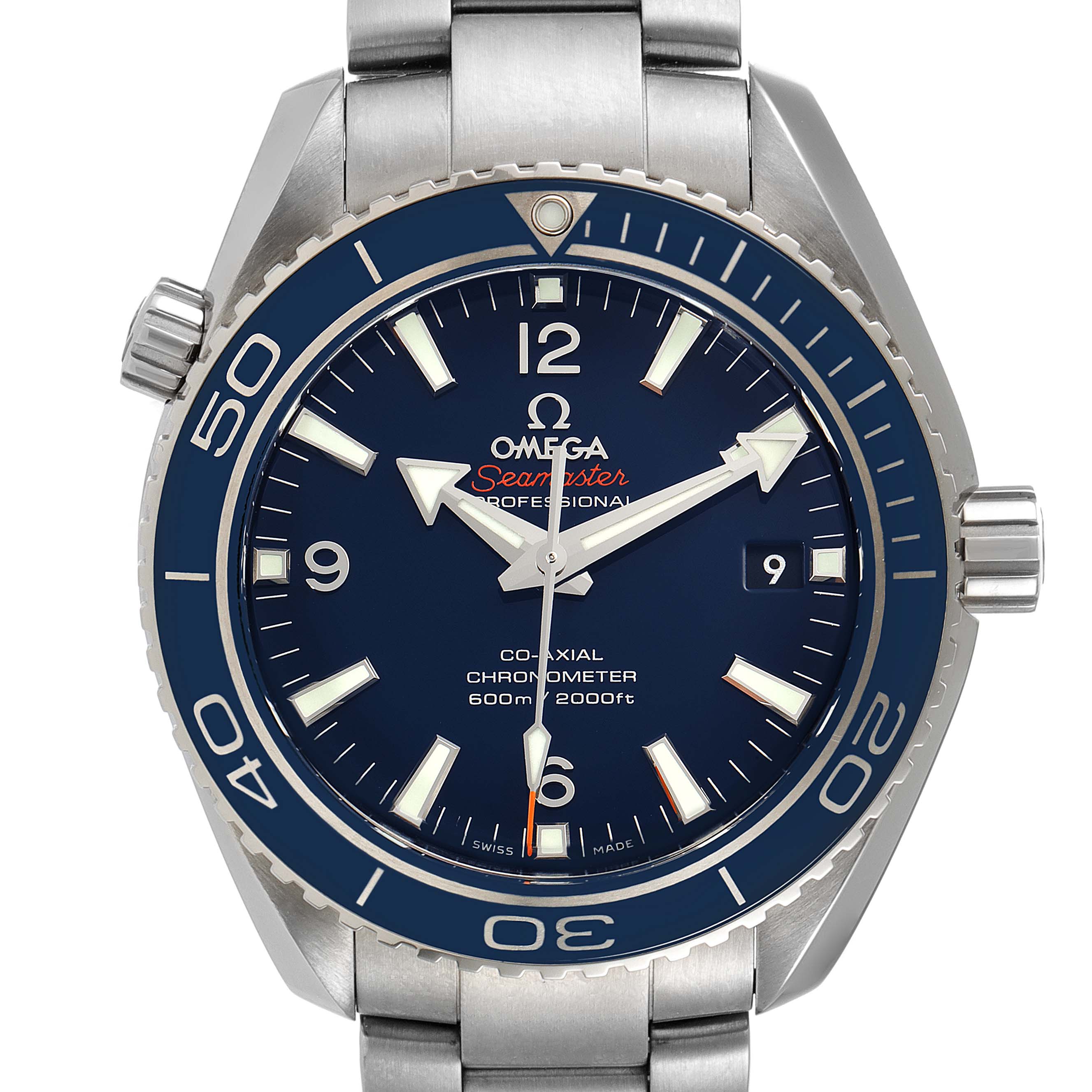 The image showcases the face of the Omega Planet Ocean 232.90.42.21.03.001 Men's Titanium Blue Dial 232.90.42.21.03.001 Men's Titanium Blue Dial model, highlighting its blue dial, bezel, and stainless steel bracelet.
