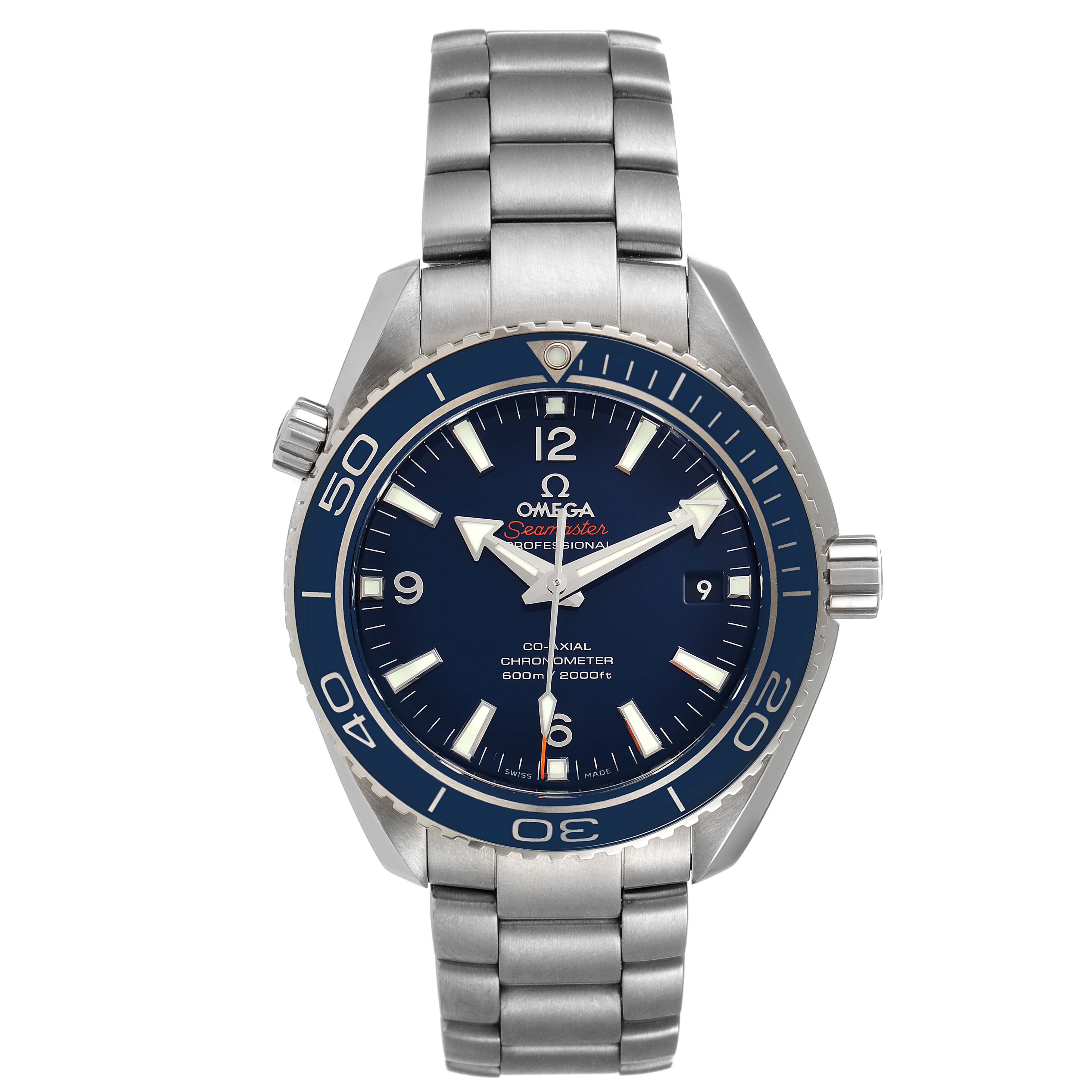 The image shows a front view of the Omega Planet Ocean 232.90.42.21.03.001 Men's Titanium Blue Dial 232.90.42.21.03.001 Men's Titanium Blue Dial model, displaying the face, bezel, and metal bracelet.