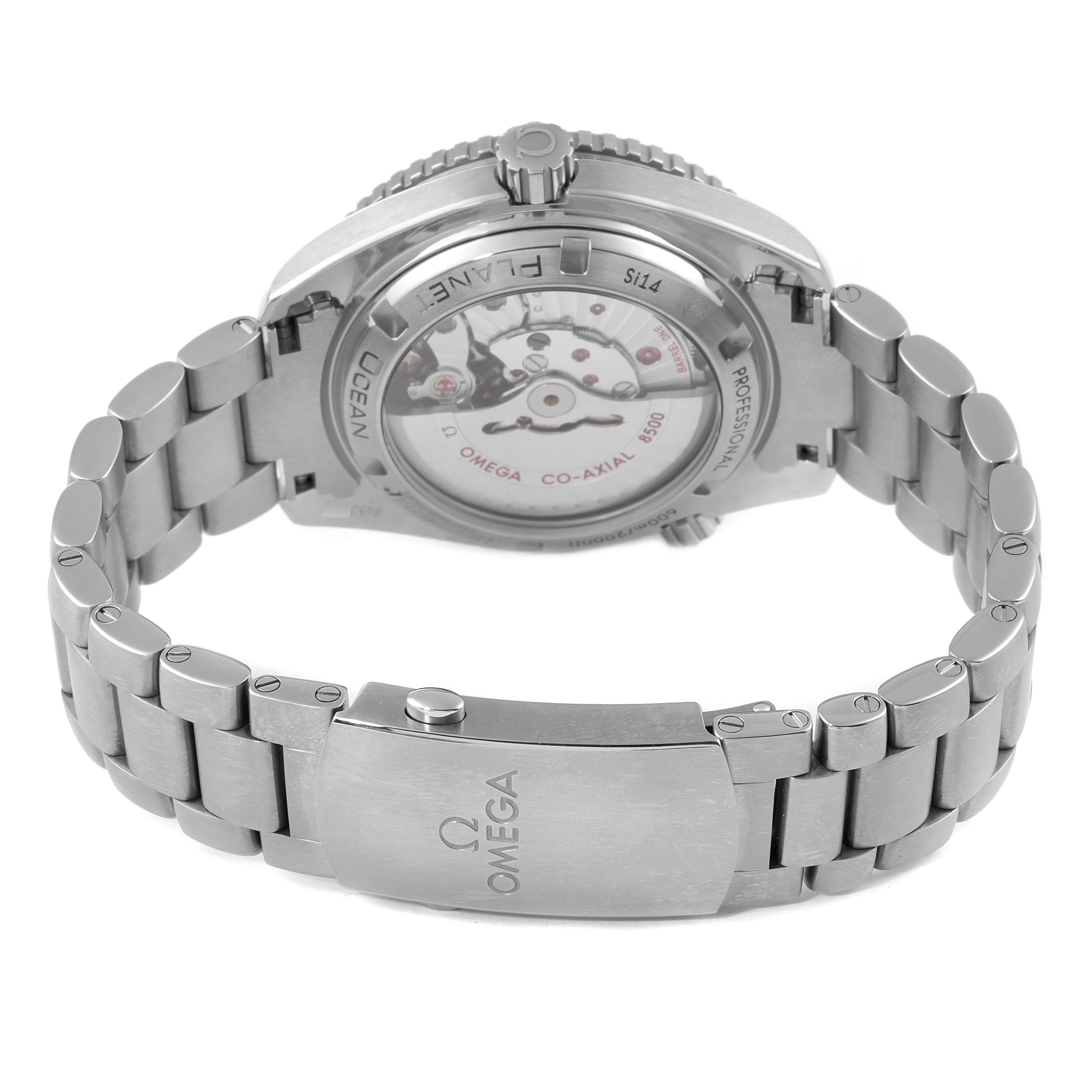 The image shows the back view of the Omega Planet Ocean 232.90.42.21.03.001 Men's Titanium Blue Dial 232.90.42.21.03.001 Men's Titanium Blue Dial watch, highlighting the stainless steel bracelet and transparent case back.