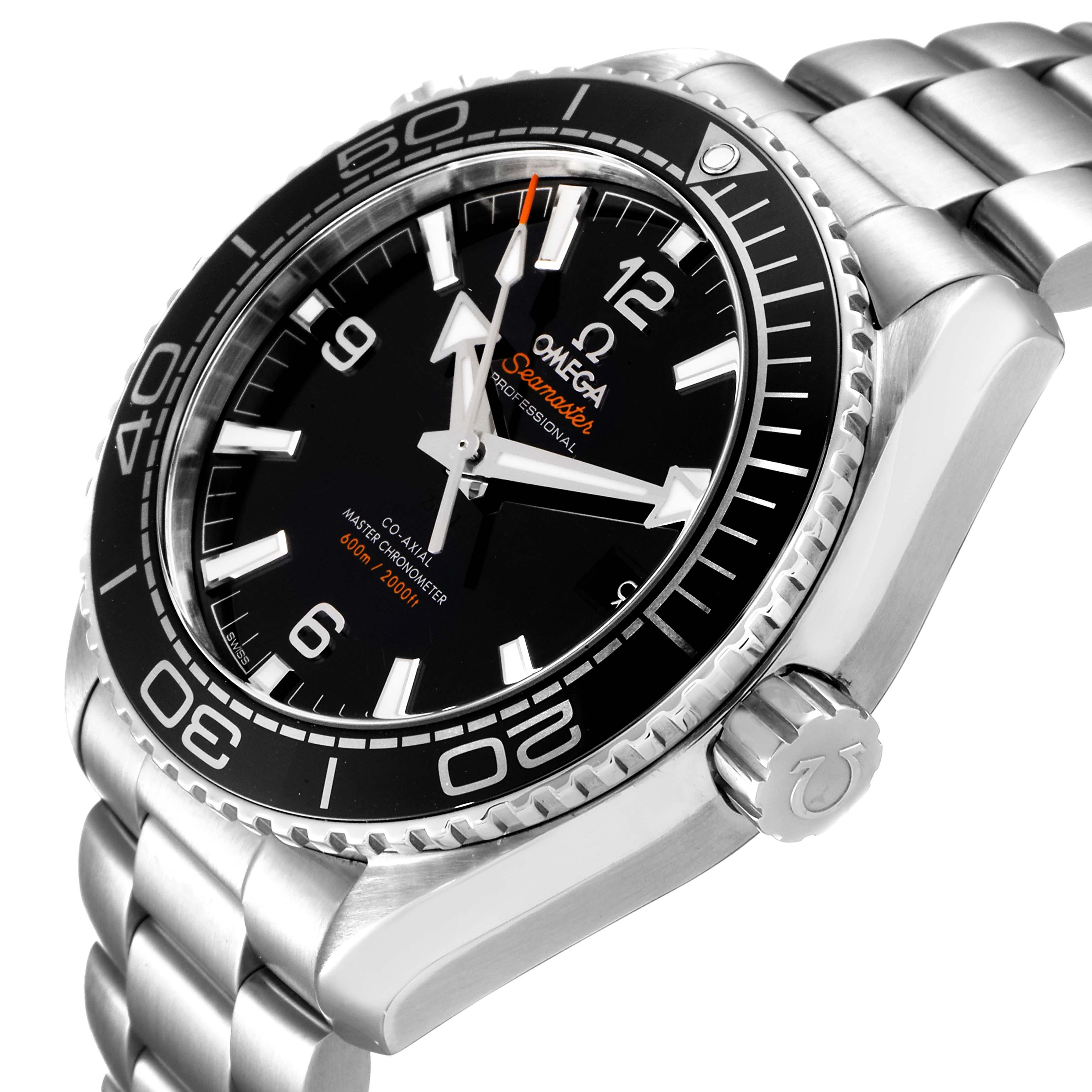 The image shows the angled front and side view of the Omega Planet Ocean 215.30.44.21.01.001 Men
s Stainless Steel Black Dial 215.30.44.21.01.001 Men
s Stainless Steel Black Dial watch, highlighting its bezel, dial, and bracelet.