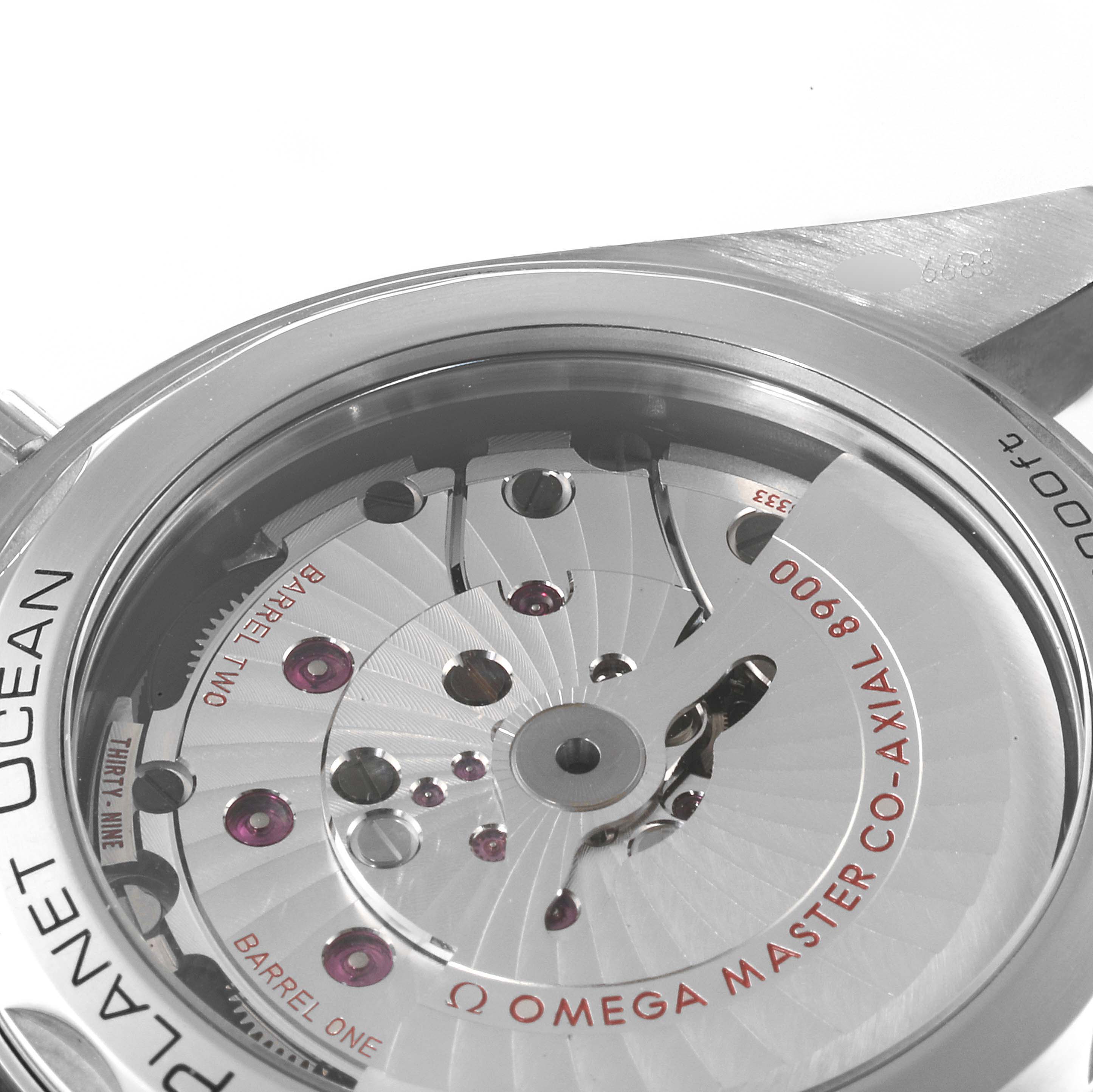 This image shows the Omega Planet Ocean 215.30.44.21.01.001 Men
s Stainless Steel Black Dial 215.30.44.21.01.001 Men
s Stainless Steel Black Dial watch
s case back, revealing the inner mechanical movement and engravings.