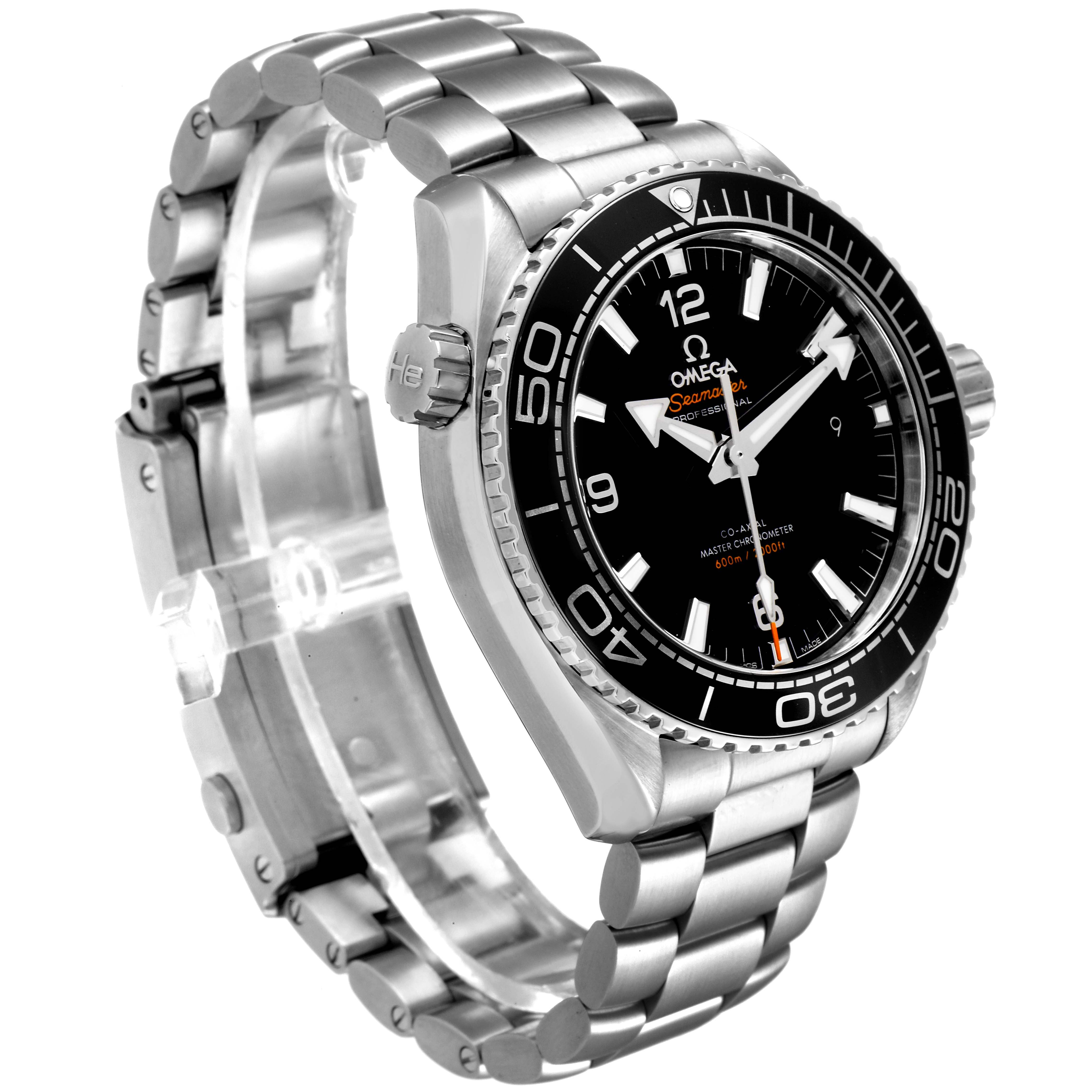 The Omega Planet Ocean 215.30.44.21.01.001 Men
s Stainless Steel Black Dial 215.30.44.21.01.001 Men
s Stainless Steel Black Dial watch is shown from an angle highlighting the face, bezel, crown, and bracelet.