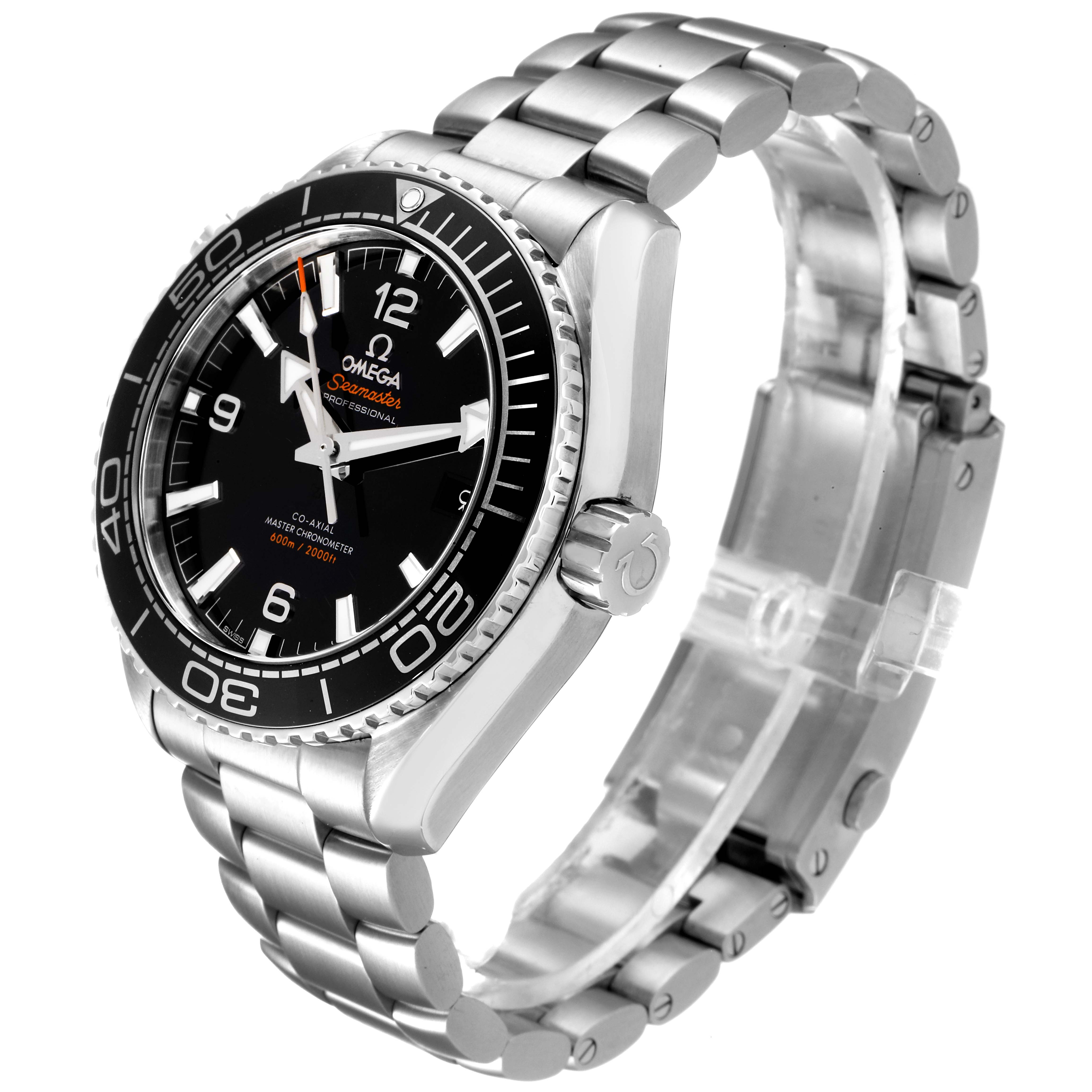 The image shows the Omega Planet Ocean 215.30.44.21.01.001 Men
s Stainless Steel Black Dial 215.30.44.21.01.001 Men
s Stainless Steel Black Dial watch from a side angle, highlighting the dial, bezel, bracelet, and crown.