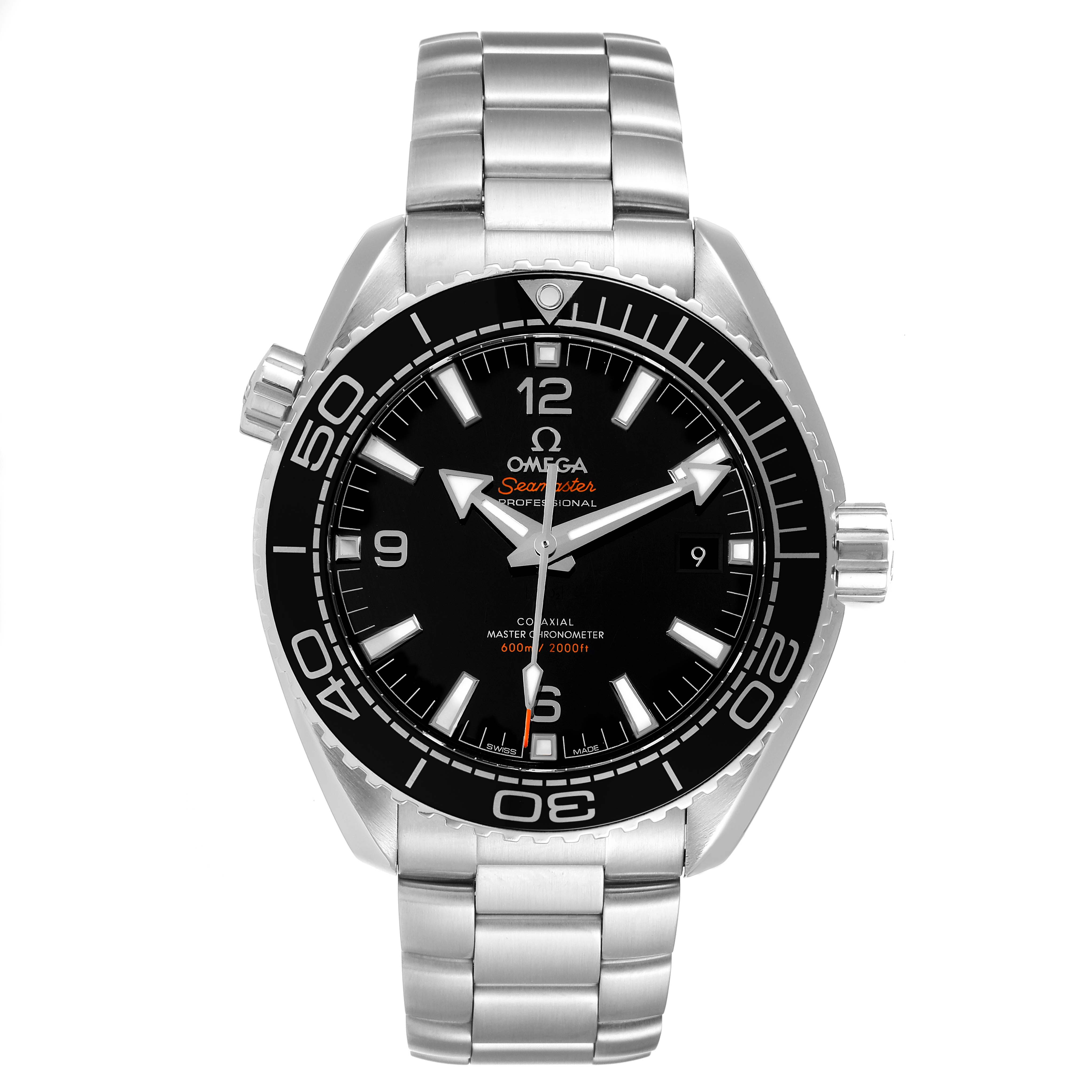 The image shows a front view of the Omega Planet Ocean 215.30.44.21.01.001 Men
s Stainless Steel Black Dial 215.30.44.21.01.001 Men
s Stainless Steel Black Dial watch, displaying its face, bezel, crown, and metal bracelet.