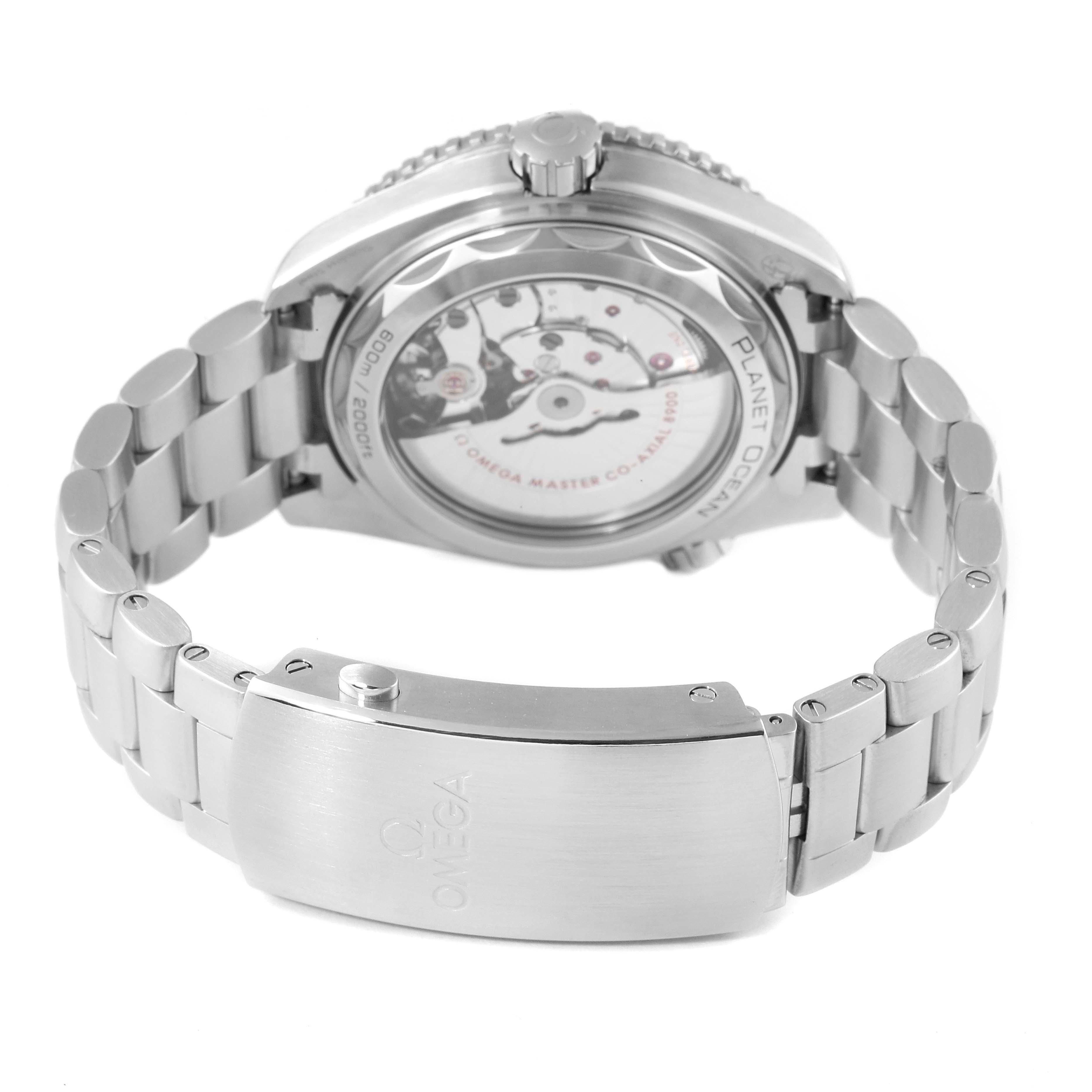 This image shows the back and bracelet clasp of the Omega Planet Ocean 215.30.44.21.01.001 Men
s Stainless Steel Black Dial 215.30.44.21.01.001 Men
s Stainless Steel Black Dial watch, revealing the movement through a transparent case back.