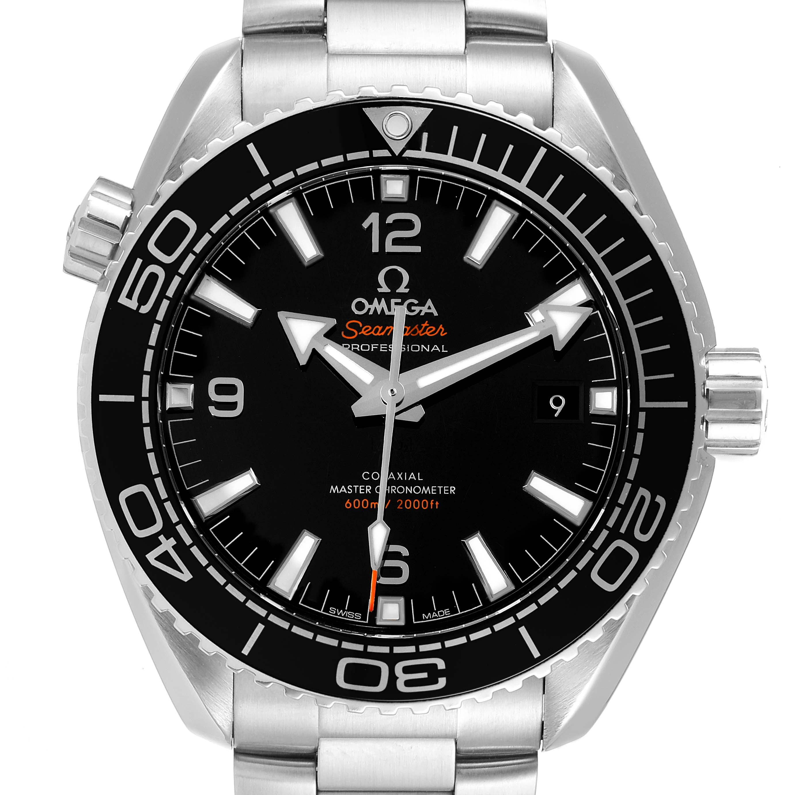 The image shows a front view of an Omega Planet Ocean 215.30.44.21.01.001 Men
s Stainless Steel Black Dial 215.30.44.21.01.001 Men
s Stainless Steel Black Dial model watch, highlighting the dial, bezel, and bracelet.
