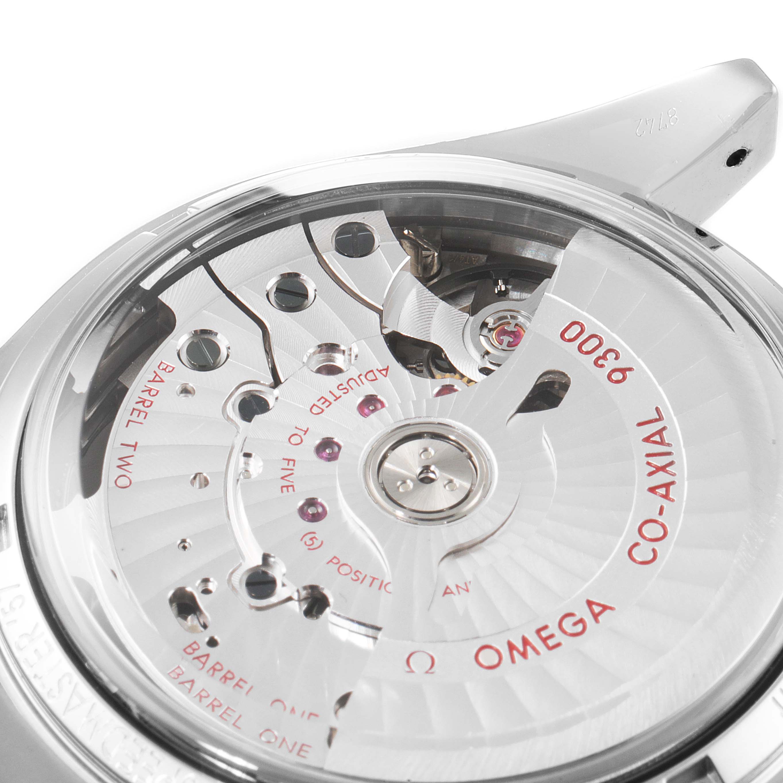 Image shows the Omega Speedmaster 331.10.42.51.01.002 Men's Stainless Steel Black Dial 331.10.42.51.01.002 Men's Stainless Steel Black Dial's case back, highlighting the Co-Axial movement and visible rotor components.