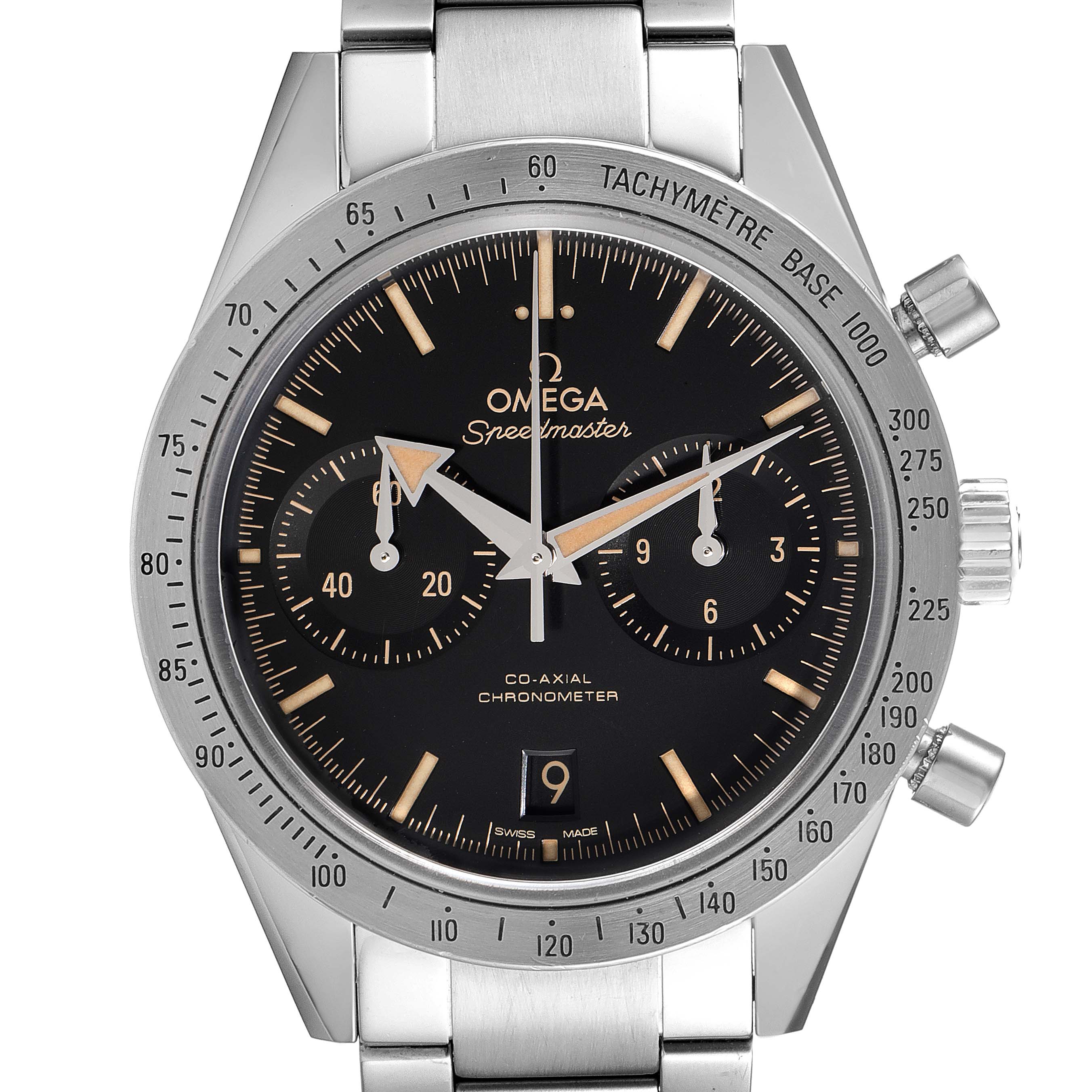 The image shows a front view of an Omega Speedmaster 331.10.42.51.01.002 Men's Stainless Steel Black Dial 331.10.42.51.01.002 Men's Stainless Steel Black Dial watch, highlighting its dial, sub-dials, and stainless steel bracelet.