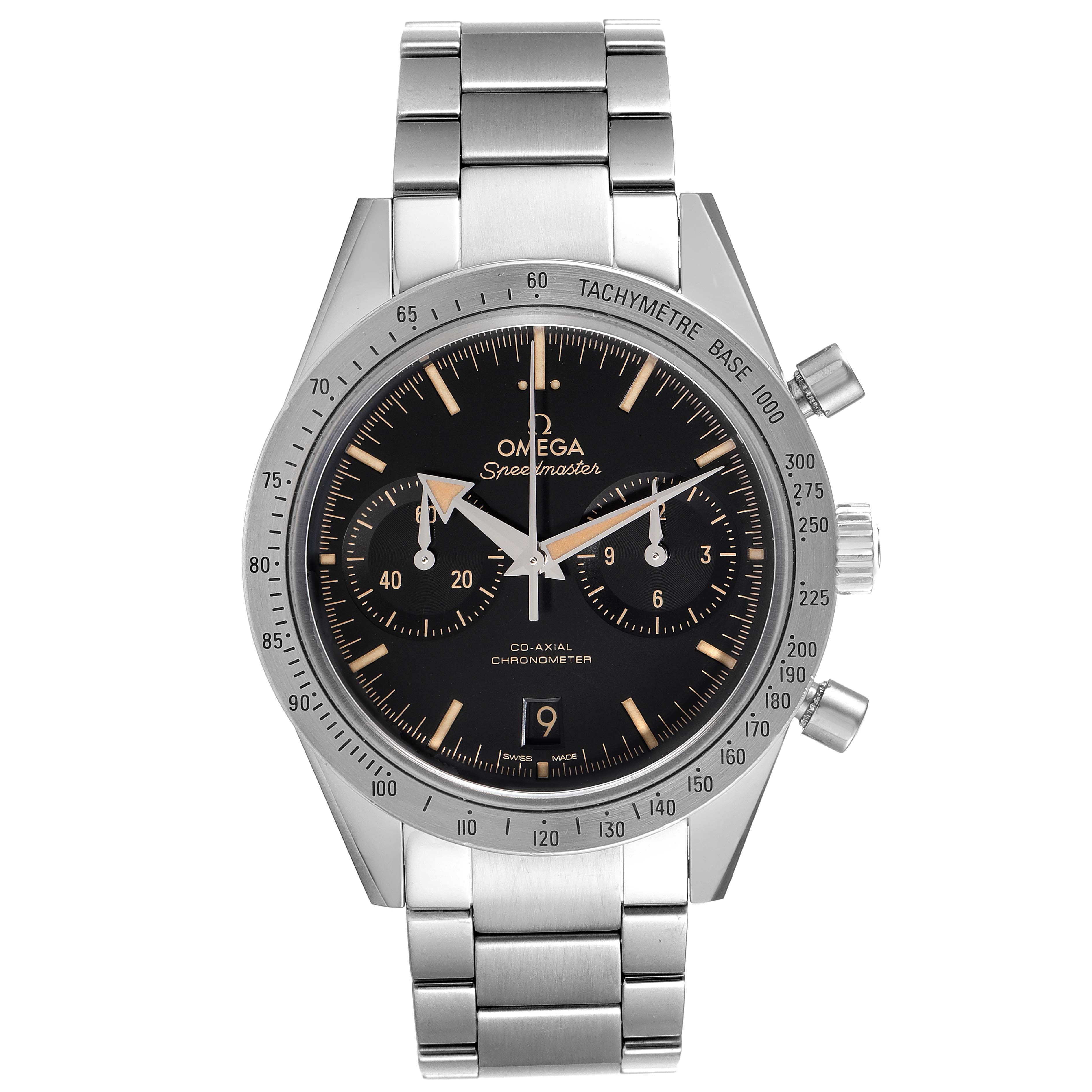 The Omega Speedmaster 331.10.42.51.01.002 Men's Stainless Steel Black Dial 331.10.42.51.01.002 Men's Stainless Steel Black Dial watch is shown from a straight-on angle, displaying the dial, bezel, and stainless steel bracelet.