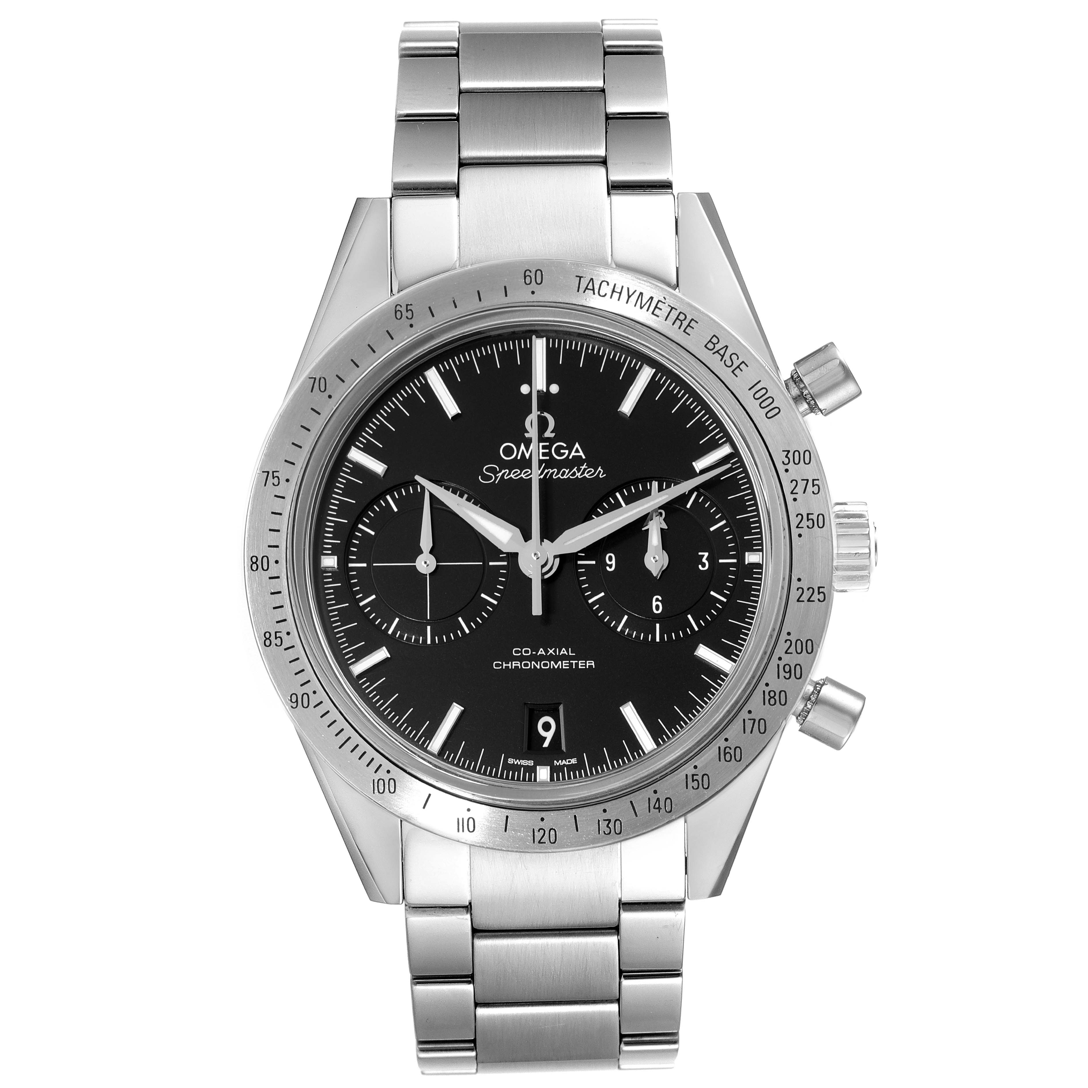 This image shows a front view of the Omega Speedmaster 331.10.42.51.01.001 Men's Stainless Steel Black Dial 331.10.42.51.01.001 Men's Stainless Steel Black Dial watch, displaying its black dial, bezel, chronograph, and metal bracelet.