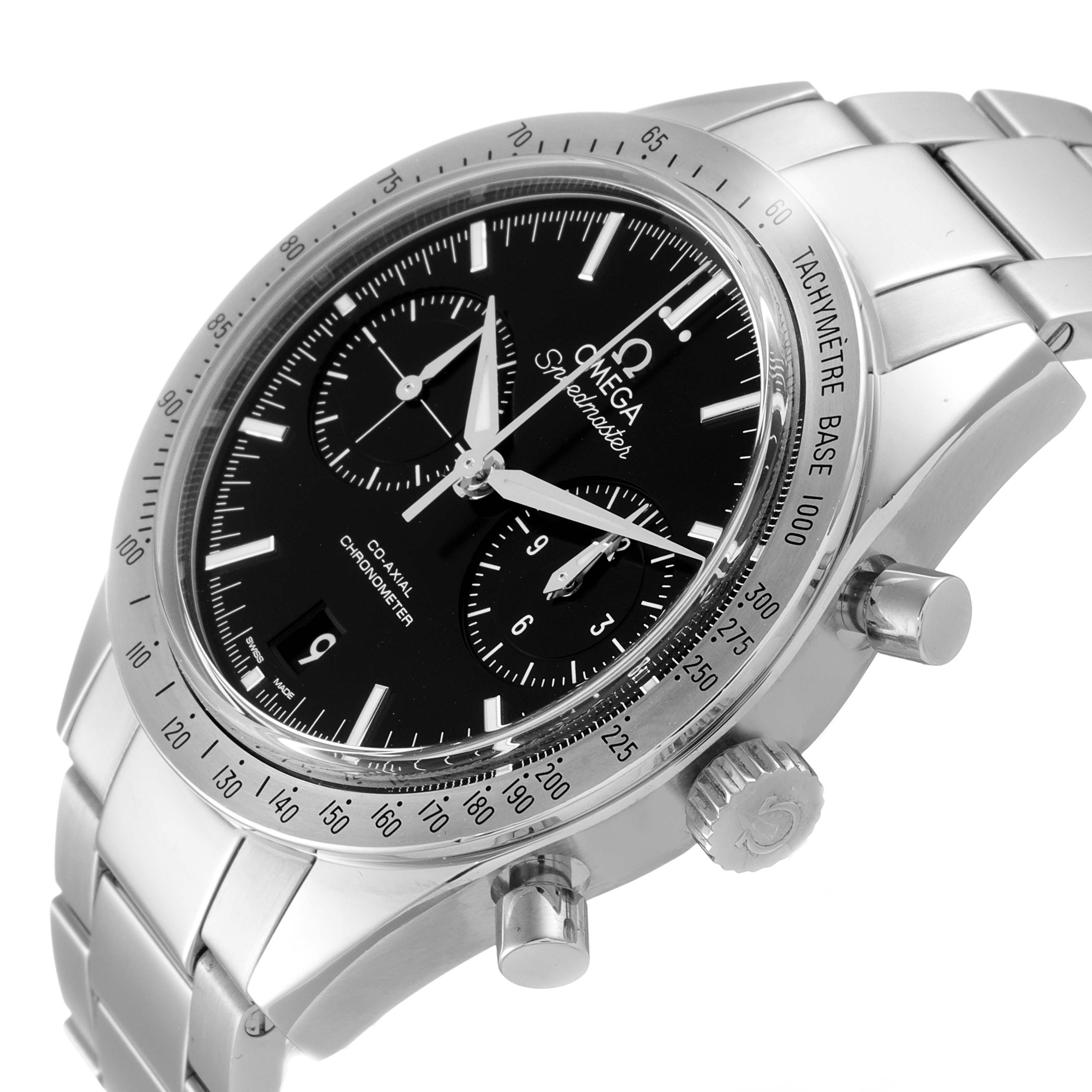 The image shows an angled view of an Omega Speedmaster 331.10.42.51.01.001 Men's Stainless Steel Black Dial 331.10.42.51.01.001 Men's Stainless Steel Black Dial watch, highlighting the bezel, dial, crown, and bracelet.