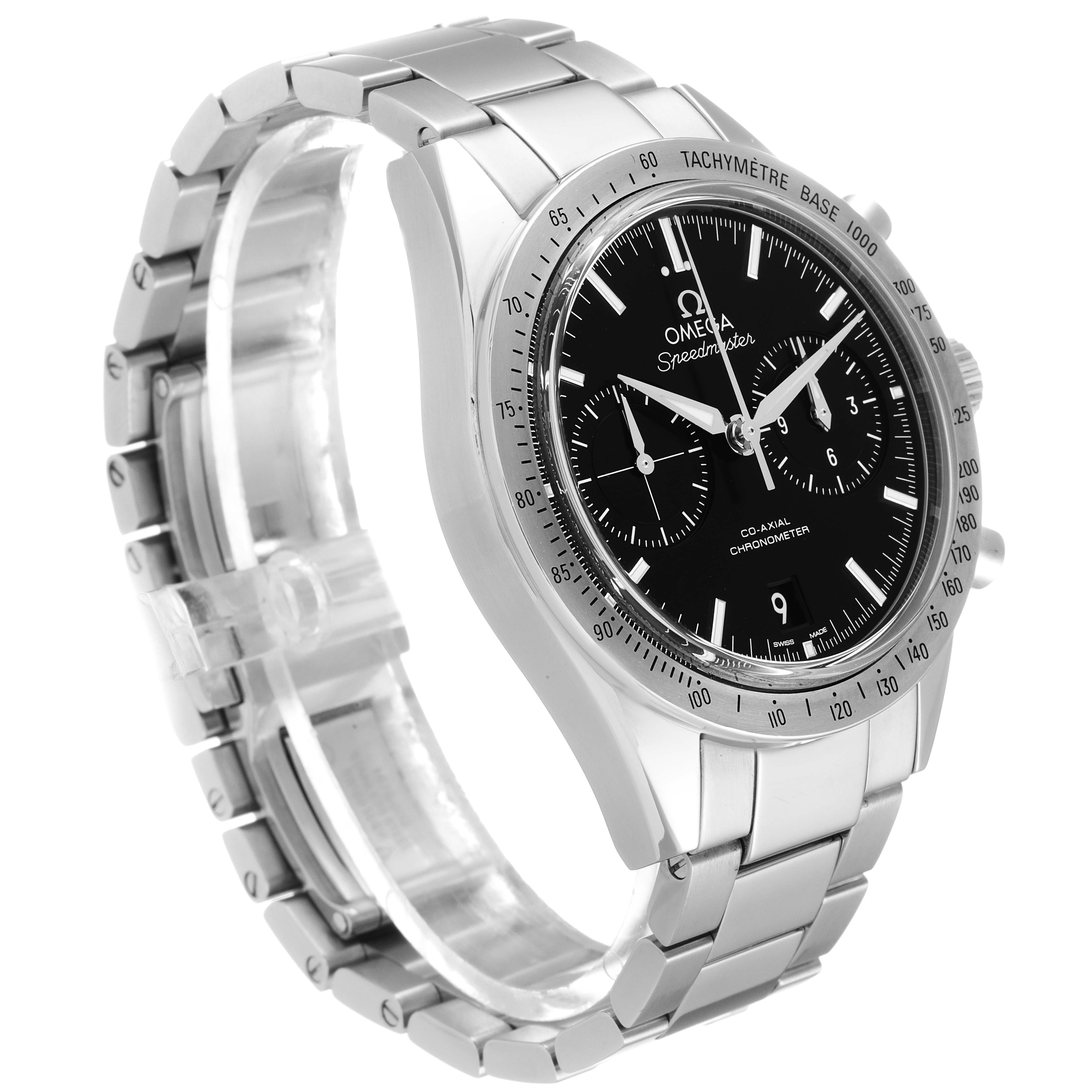 The Omega Speedmaster 331.10.42.51.01.001 Men's Stainless Steel Black Dial 331.10.42.51.01.001 Men's Stainless Steel Black Dial watch is shown at a slight angle, displaying its face, bracelet, and bezel clearly.