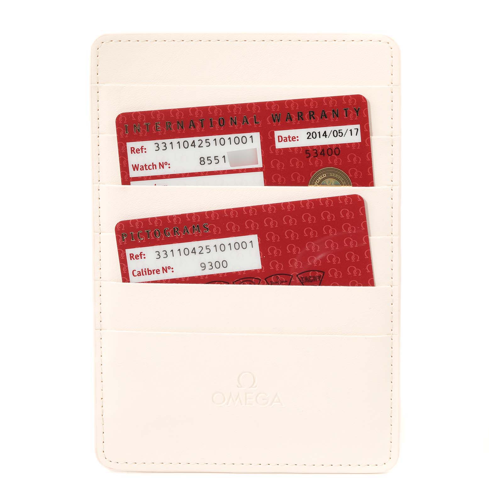 This image shows Omega Speedmaster 331.10.42.51.01.001 Men's Stainless Steel Black Dial 331.10.42.51.01.001 Men's Stainless Steel Black Dial warranty and pictogram cards in a beige card holder, viewed from above.