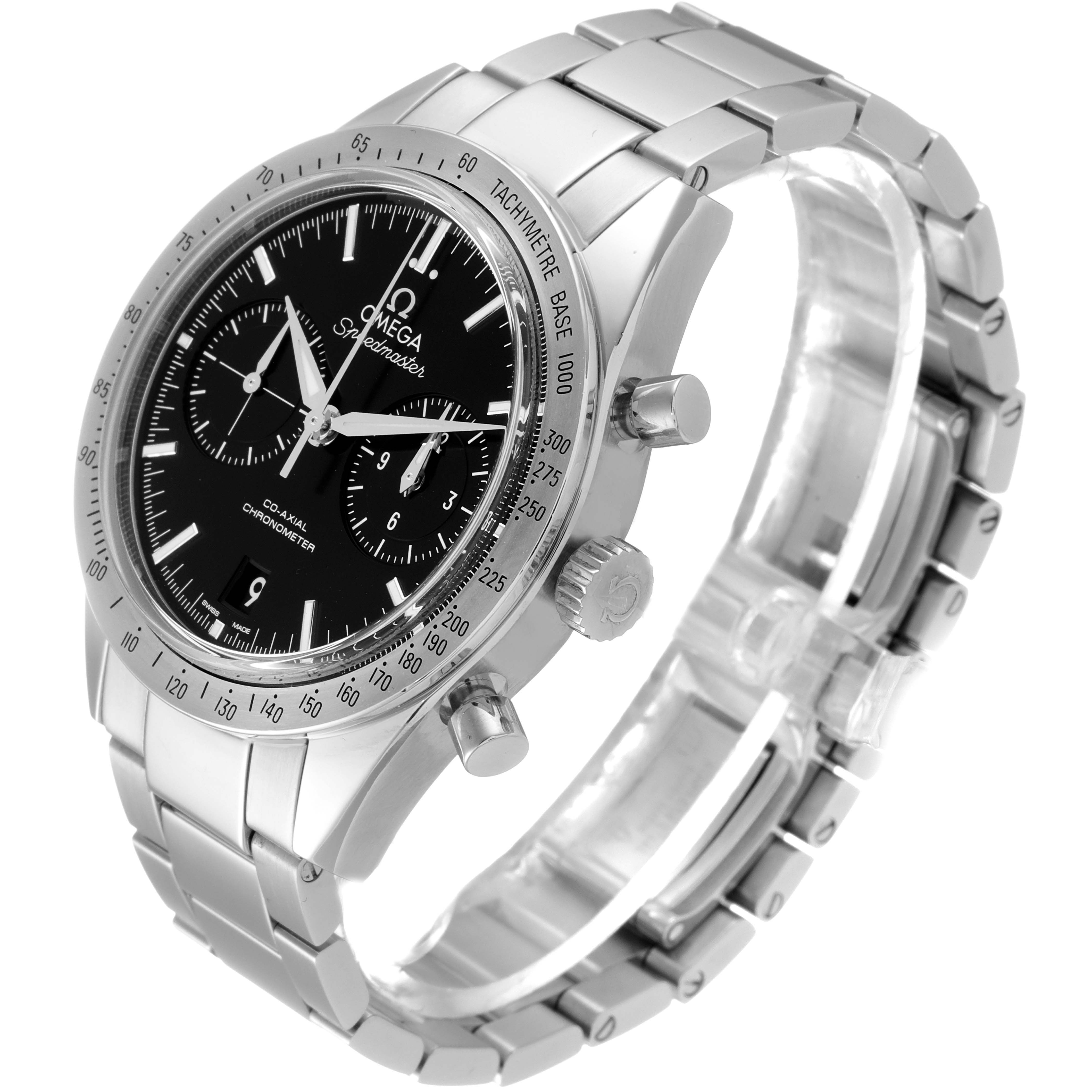The image shows an angled view of an Omega Speedmaster 331.10.42.51.01.001 Men's Stainless Steel Black Dial 331.10.42.51.01.001 Men's Stainless Steel Black Dial watch, displaying the face, bezel, crown, pushers, and bracelet.