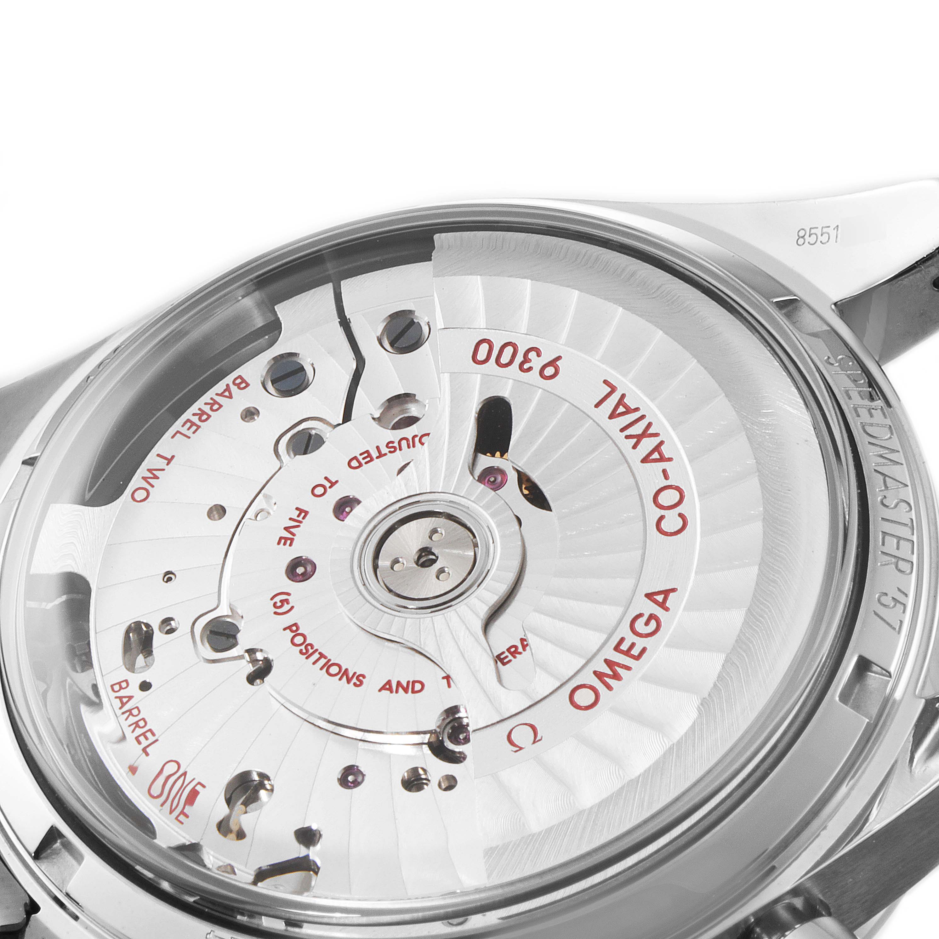 The image shows the back view of an Omega Speedmaster 331.10.42.51.01.001 Men's Stainless Steel Black Dial 331.10.42.51.01.001 Men's Stainless Steel Black Dial watch, revealing its inner mechanical parts and inscriptions.