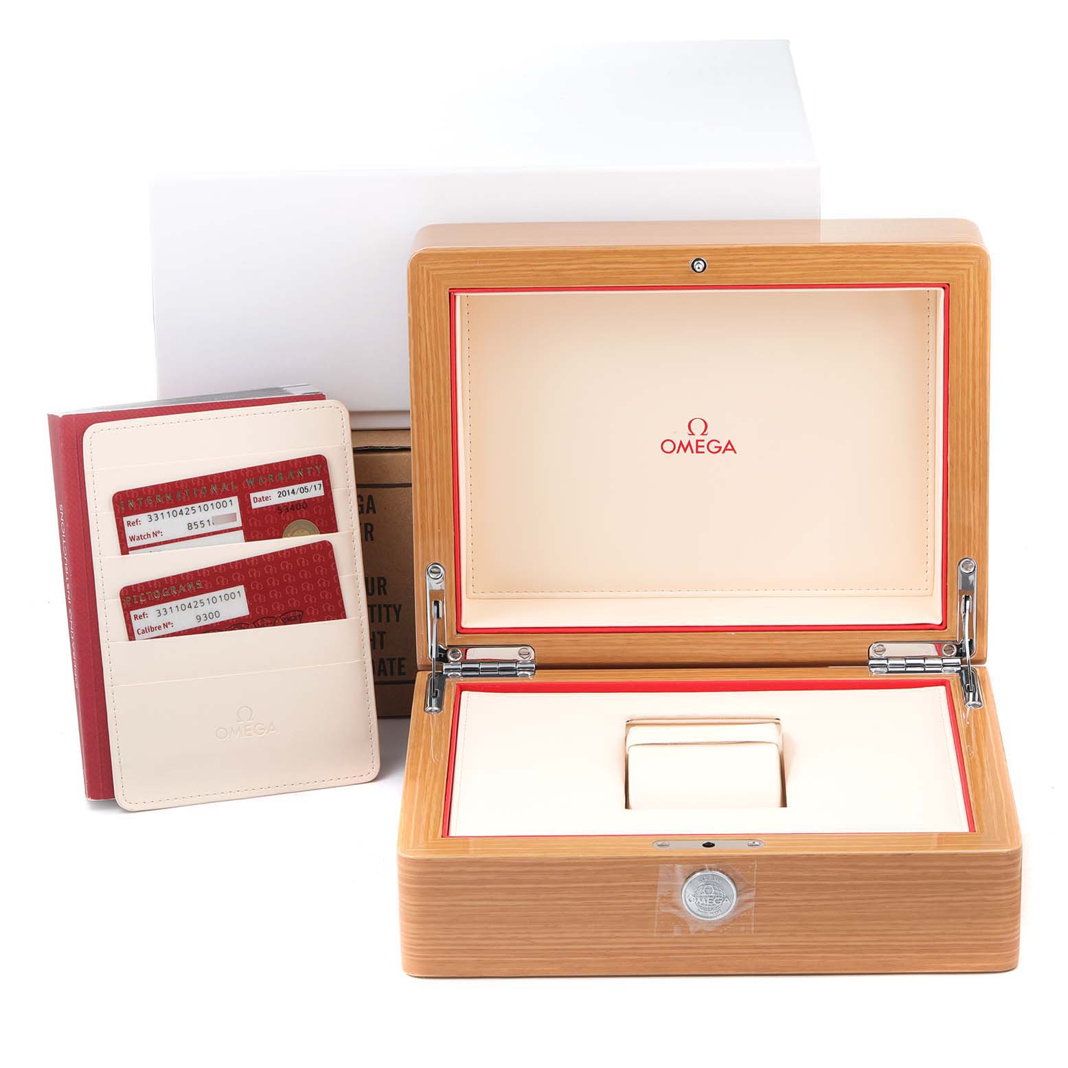 The image shows an opened Omega Speedmaster 331.10.42.51.01.001 Men's Stainless Steel Black Dial 331.10.42.51.01.001 Men's Stainless Steel Black Dial watch box, warranty cards, and a service booklet.