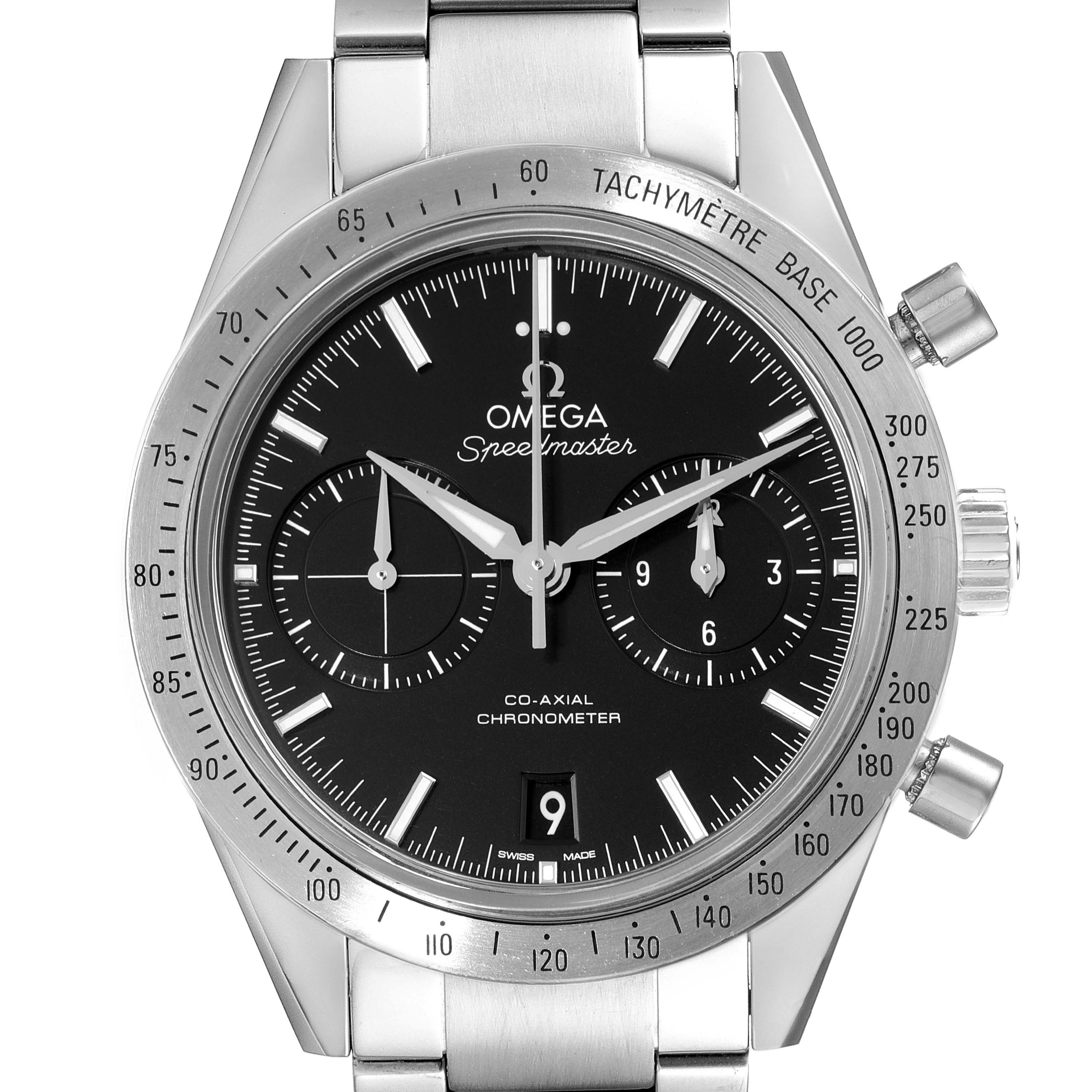 The image shows a front view of the Omega Speedmaster 331.10.42.51.01.001 Men's Stainless Steel Black Dial 331.10.42.51.01.001 Men's Stainless Steel Black Dial watch, highlighting its dial, chronograph subdials, and tachymeter bezel.