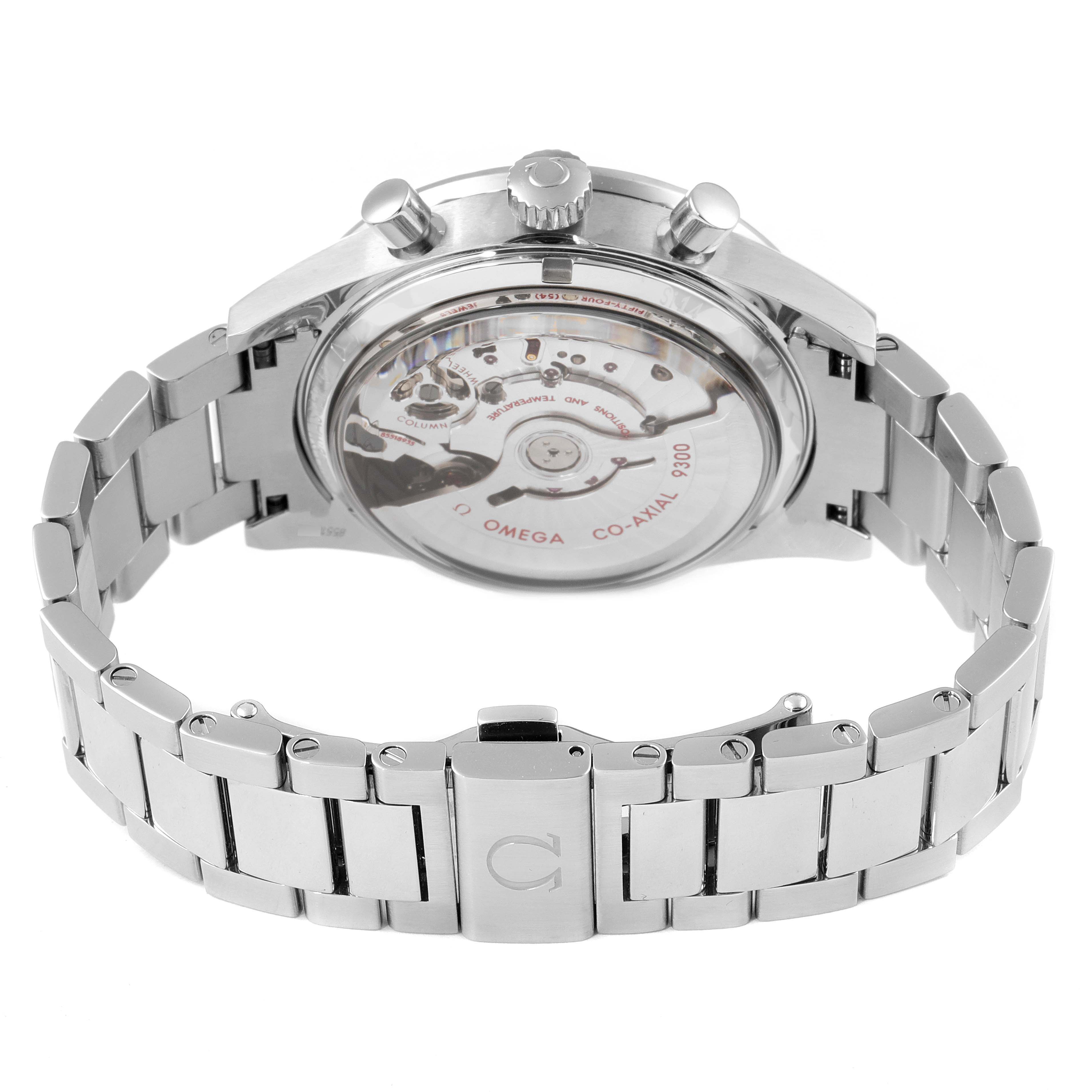 This image shows the back view of an Omega Speedmaster 331.10.42.51.01.001 Men's Stainless Steel Black Dial 331.10.42.51.01.001 Men's Stainless Steel Black Dial watch, highlighting the movement mechanism and stainless steel bracelet.