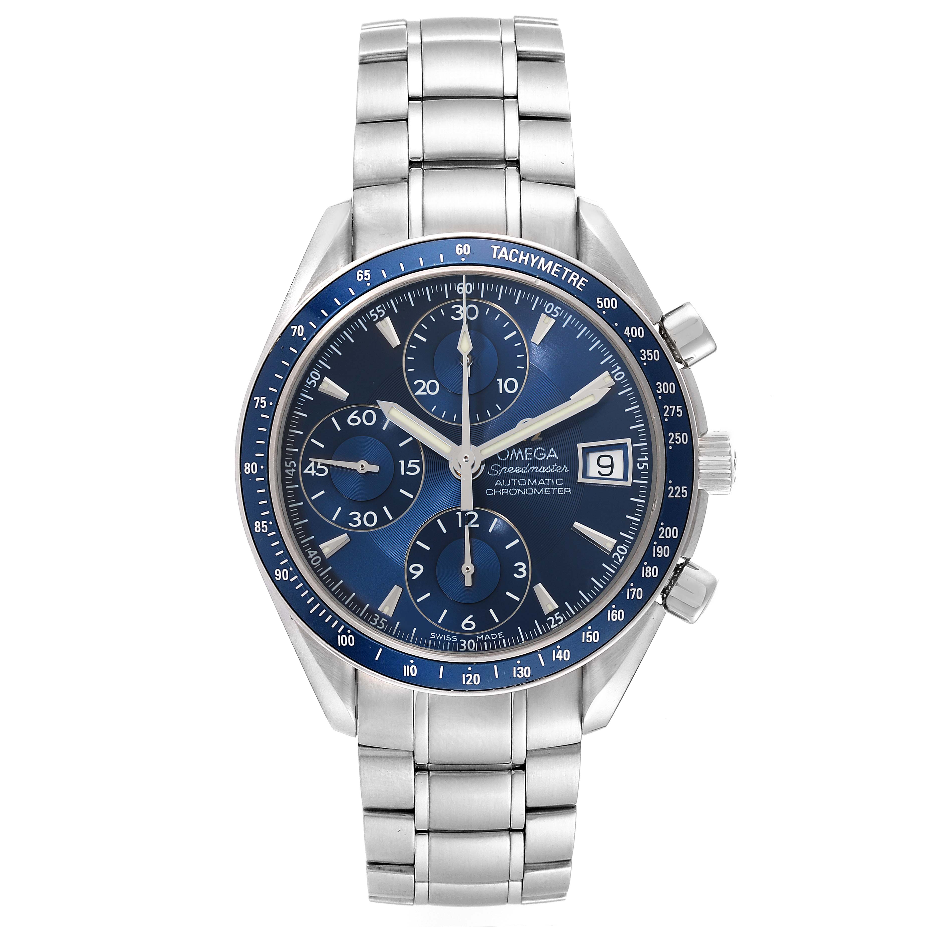 The image shows a front view of an Omega Speedmaster 3212.80.00 Men
s Stainless Steel Blue Dial 3212.80.00 Men
s Stainless Steel Blue Dial watch with a blue dial, tachymeter bezel, and stainless steel bracelet.
