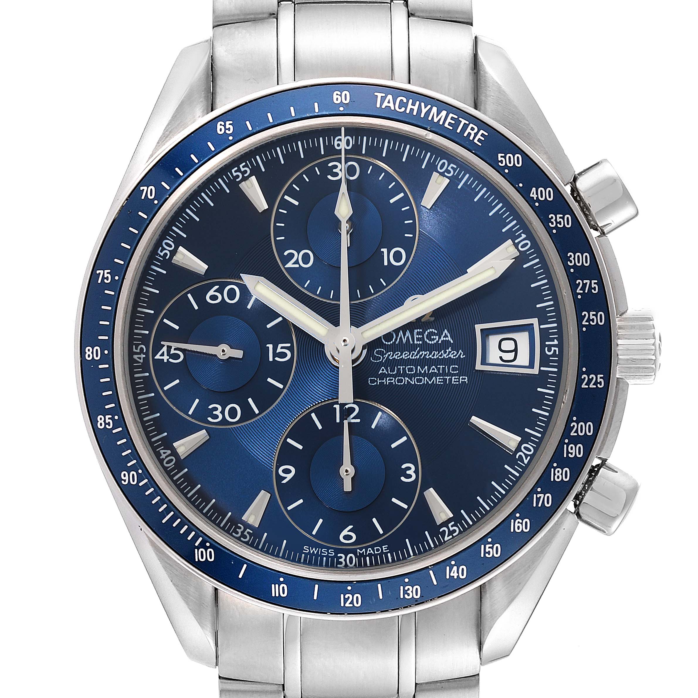 The image displays a front view of an Omega Speedmaster 3212.80.00 Men
s Stainless Steel Blue Dial 3212.80.00 Men
s Stainless Steel Blue Dial watch, showcasing its dial, subdials, bezel, and bracelet.