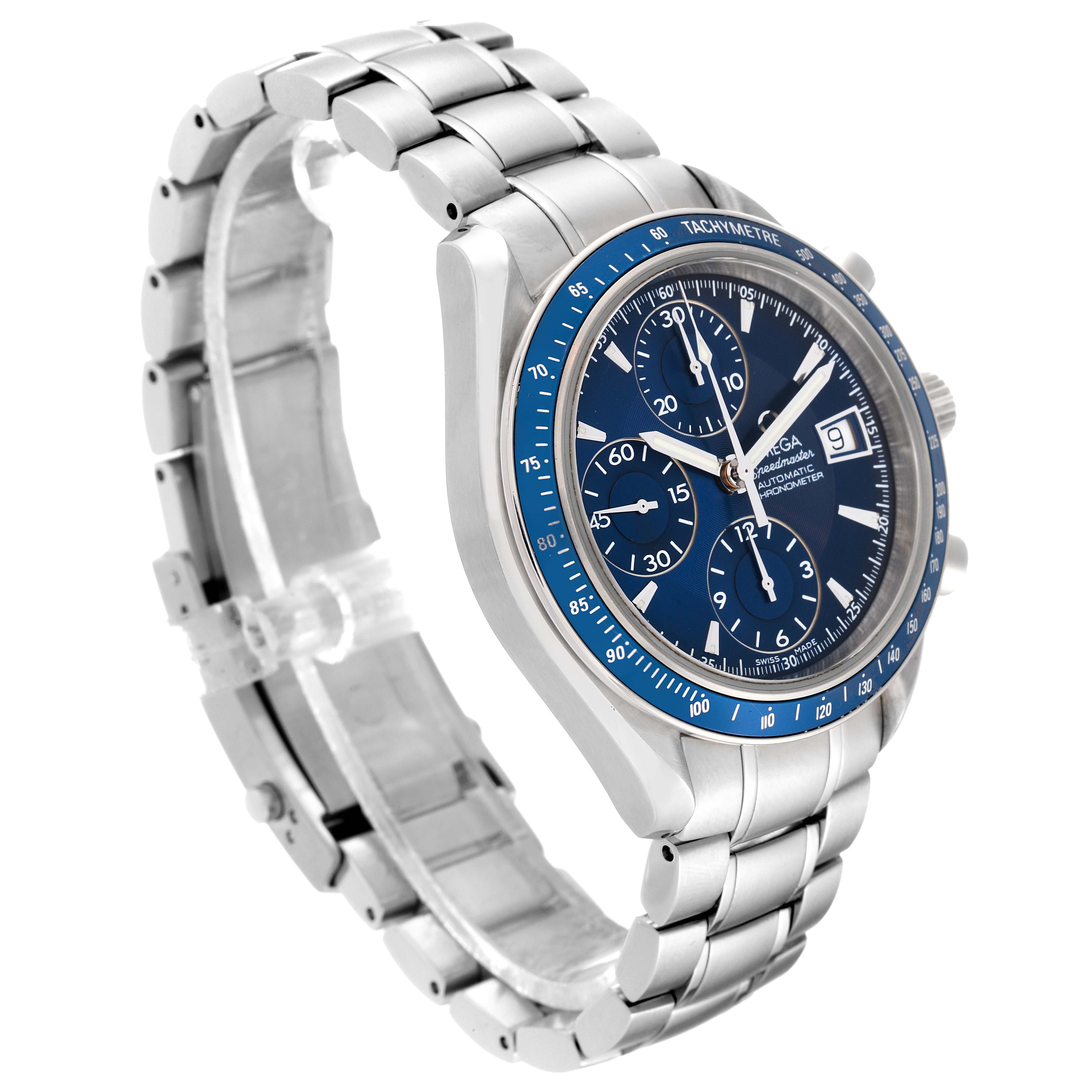 The image shows an Omega Speedmaster 3212.80.00 Men
s Stainless Steel Blue Dial 3212.80.00 Men
s Stainless Steel Blue Dial watch taken from an angled side view, highlighting its bracelet, bezel, and dial.