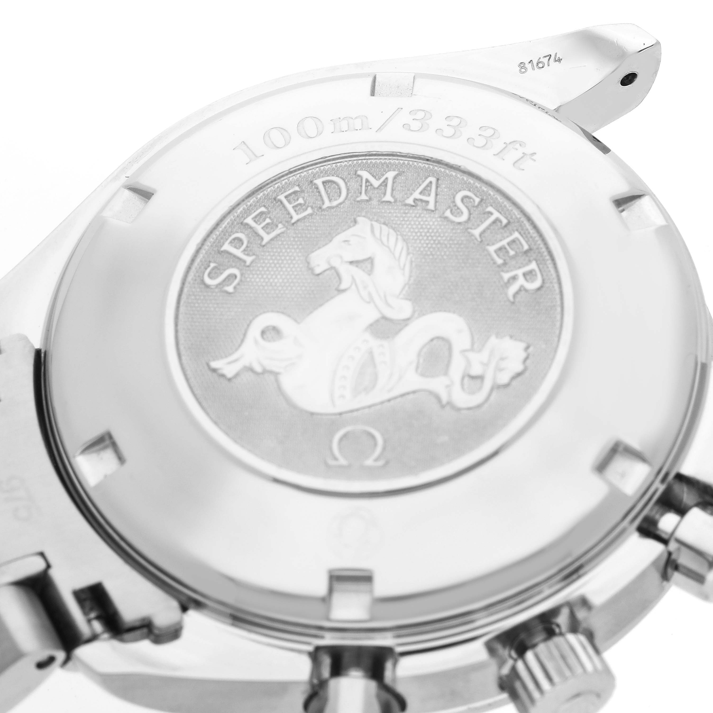 The image shows the case back of an Omega Speedmaster 3212.80.00 Men
s Stainless Steel Blue Dial 3212.80.00 Men
s Stainless Steel Blue Dial watch, displaying the Speedmaster logo and water resistance information.