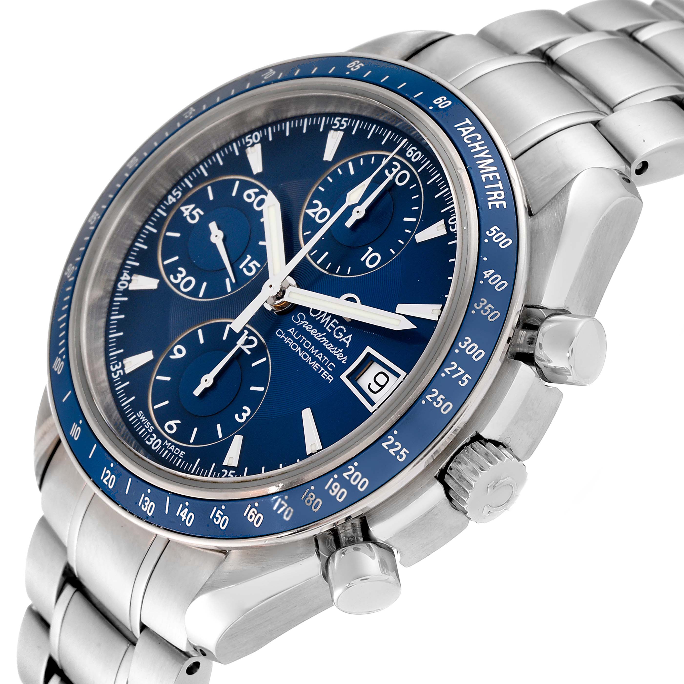 The image shows an Omega Speedmaster 3212.80.00 Men
s Stainless Steel Blue Dial 3212.80.00 Men
s Stainless Steel Blue Dial watch at an angled close-up, highlighting its blue dial, chronograph subdials, and stainless steel bracelet.