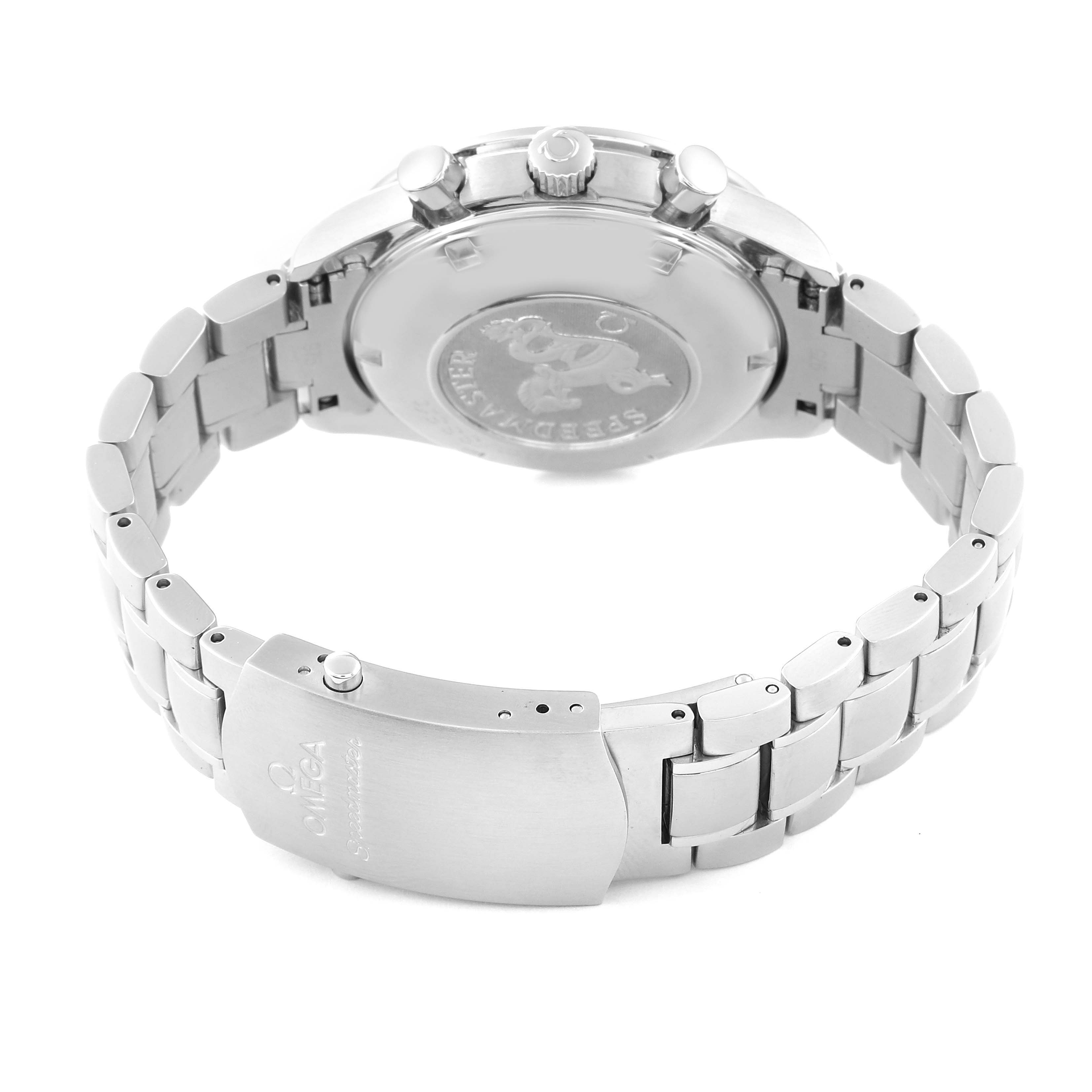 The image shows the back view of the stainless steel Omega Speedmaster 3212.80.00 Men
s Stainless Steel Blue Dial 3212.80.00 Men
s Stainless Steel Blue Dial watch, including the bracelet and clasp.