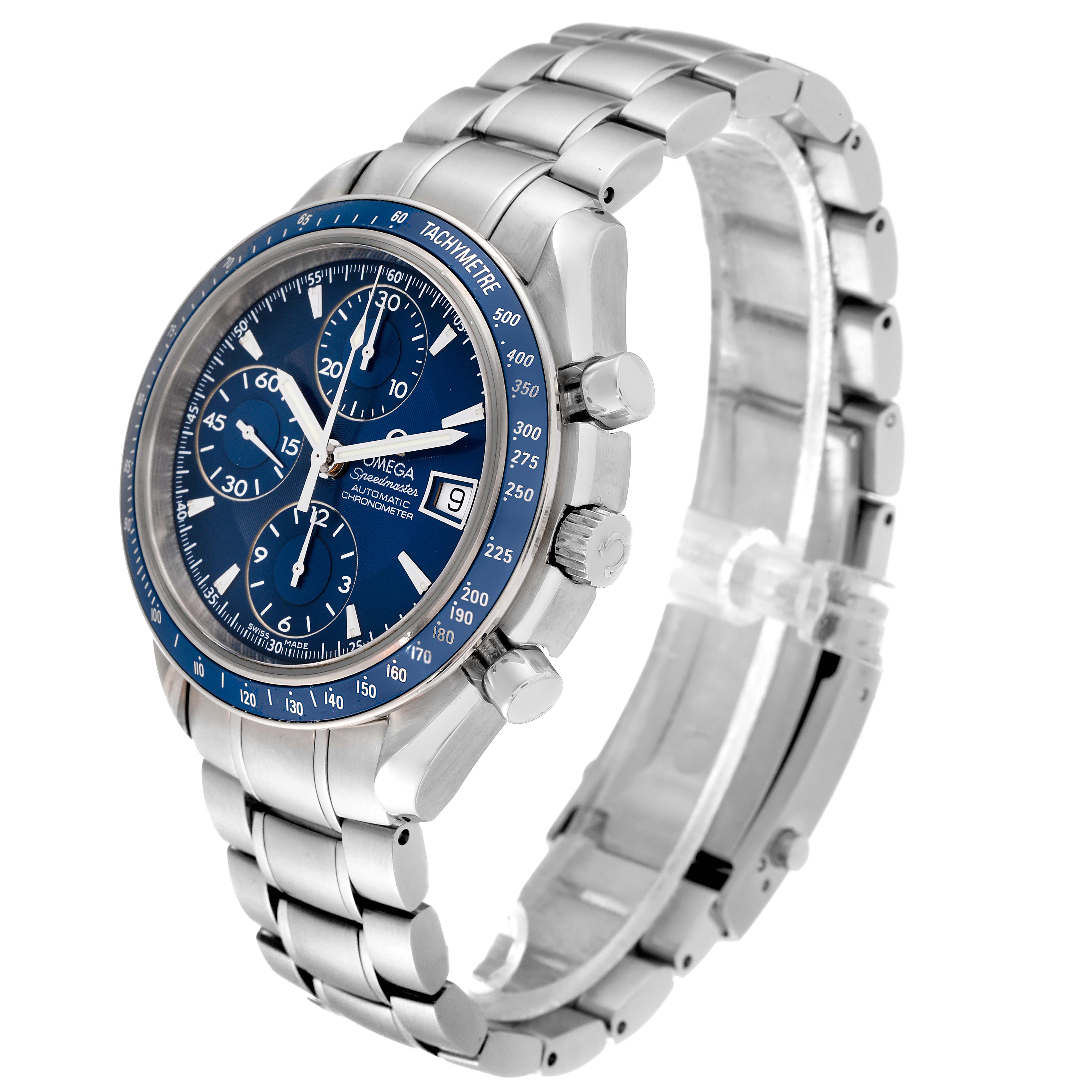 This Omega Speedmaster 3212.80.00 Men
s Stainless Steel Blue Dial 3212.80.00 Men
s Stainless Steel Blue Dial watch is shown at an angle displaying the face, side buttons, and metal band.