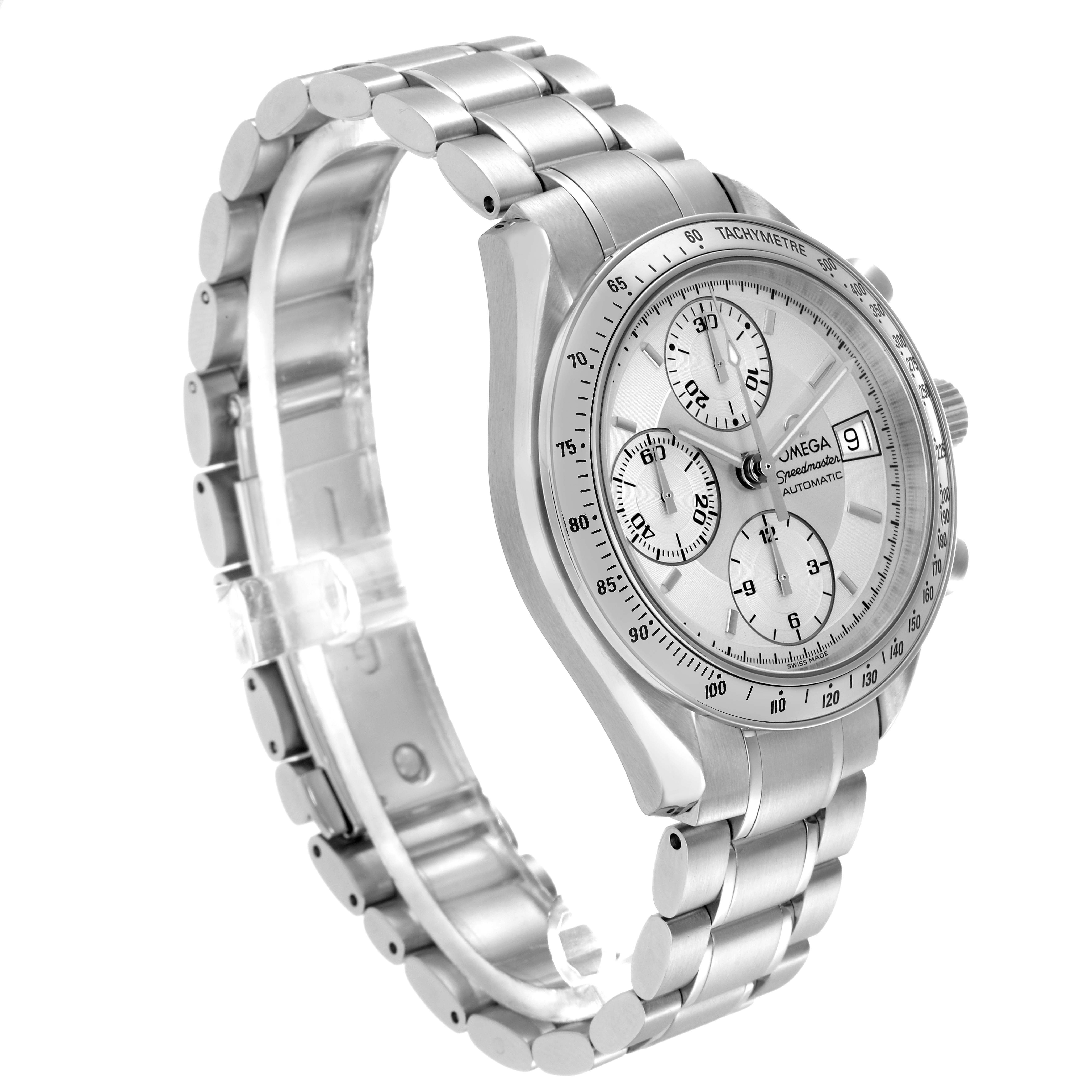 The Omega Speedmaster 3513.30.00 Men
s Stainless Steel Silver Dial 3513.30.00 Men
s Stainless Steel Silver Dial watch is shown at a slight angle, highlighting the dial, bezel, bracelet, and side buttons.