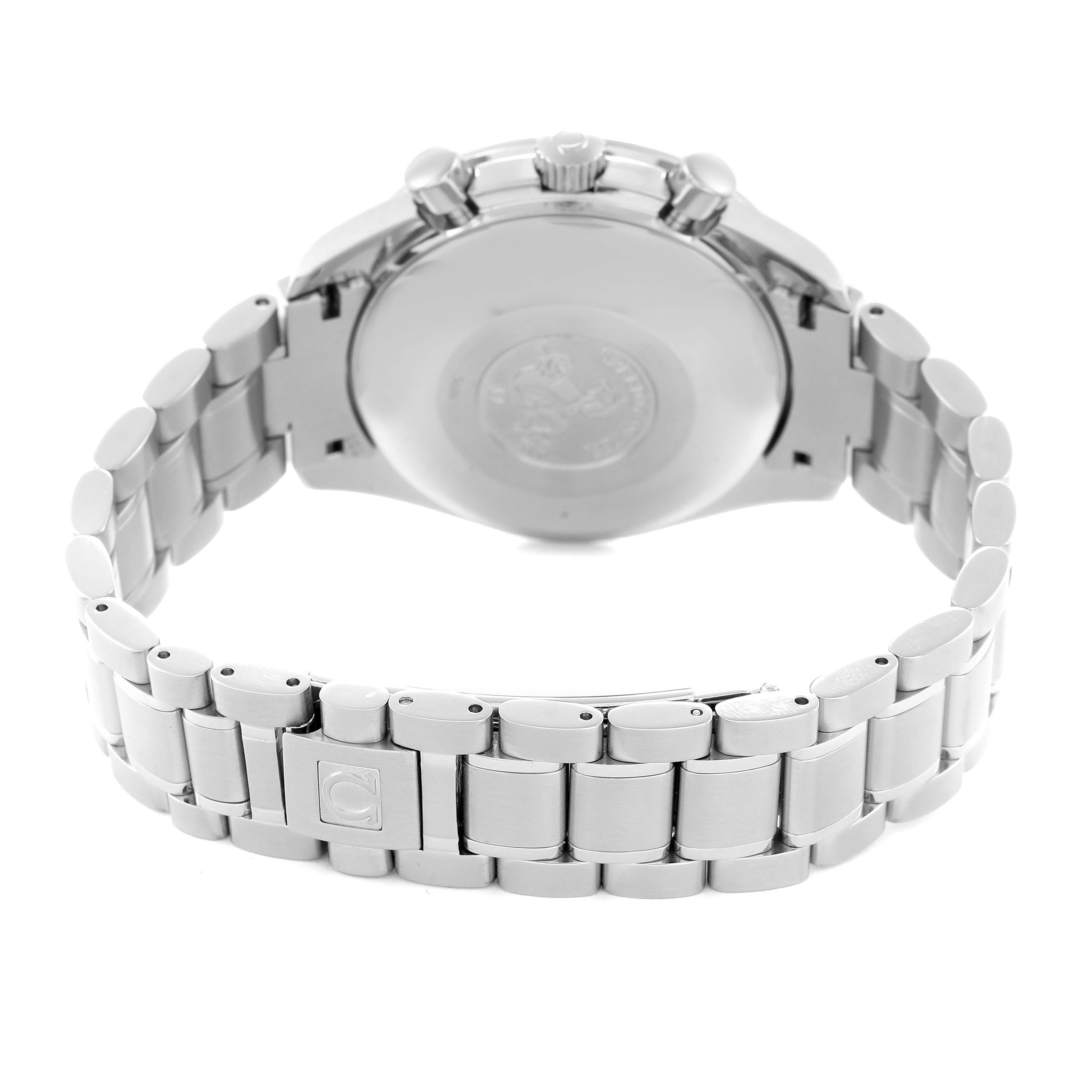 The image shows the back and bracelet of the Omega Speedmaster 3513.30.00 Men
s Stainless Steel Silver Dial 3513.30.00 Men
s Stainless Steel Silver Dial, highlighting the clasp and the caseback.