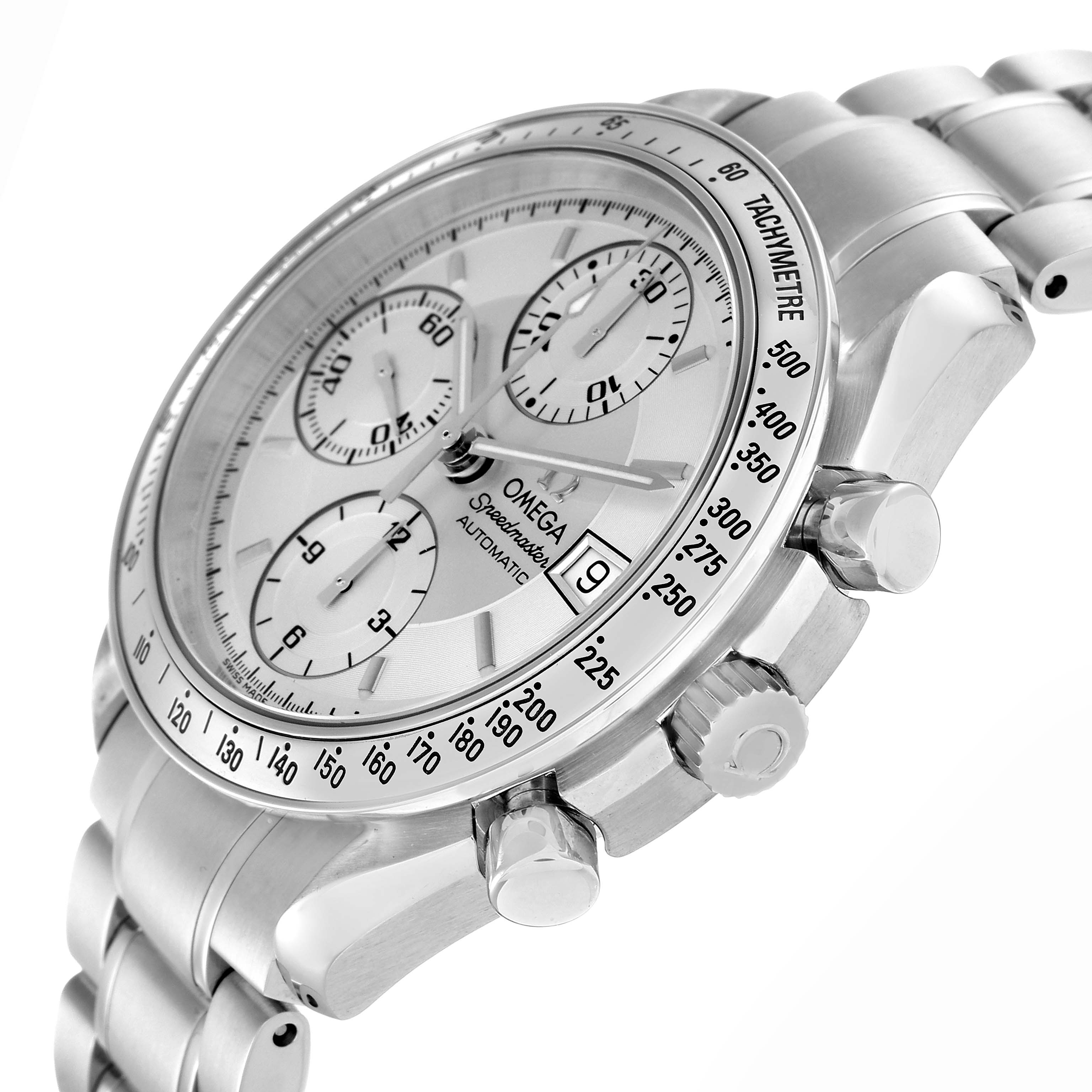 The Omega Speedmaster 3513.30.00 Men
s Stainless Steel Silver Dial 3513.30.00 Men
s Stainless Steel Silver Dial watch is shown at a three-quarter angle, displaying the dial, bezel with tachymeter scale, pushers, and crown.