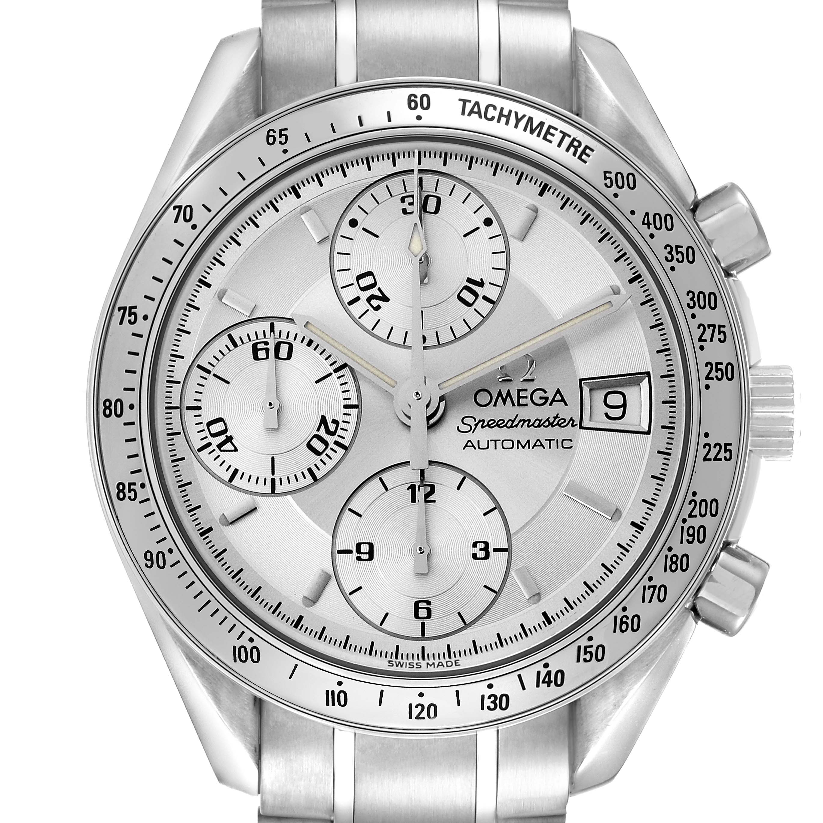 The Omega Speedmaster 3513.30.00 Men
s Stainless Steel Silver Dial 3513.30.00 Men
s Stainless Steel Silver Dial watch is shown from the front, displaying the dial, subdials, tachymeter bezel, and pushers.