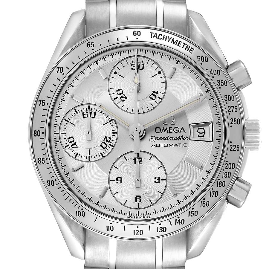 The Omega Speedmaster watch is shown from the front, displaying the dial, subdials, tachymeter bezel, and pushers.