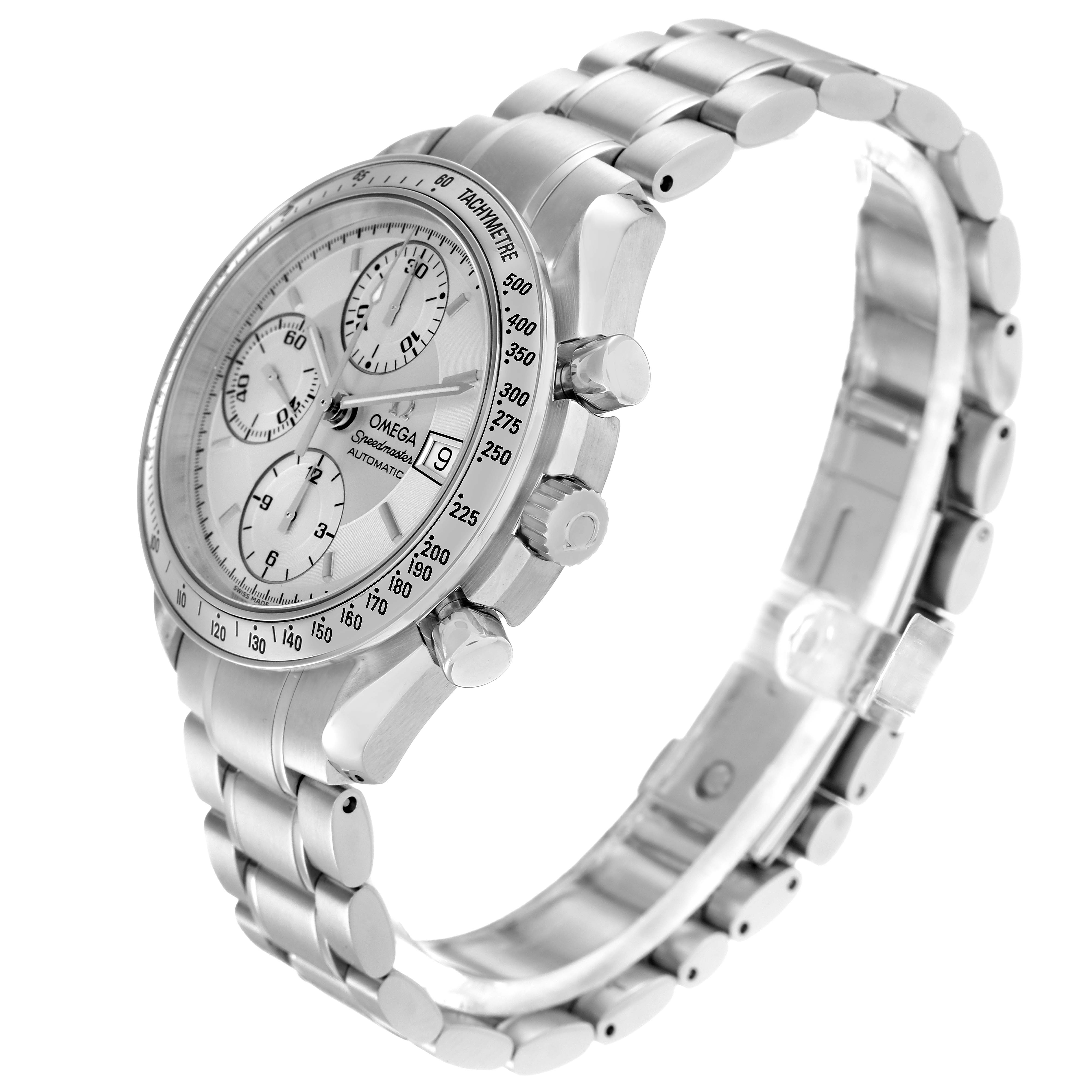 The Omega Speedmaster 3513.30.00 Men
s Stainless Steel Silver Dial 3513.30.00 Men
s Stainless Steel Silver Dial watch is shown at a side angle, displaying the face, bezel, crown, pushers, and part of the bracelet.