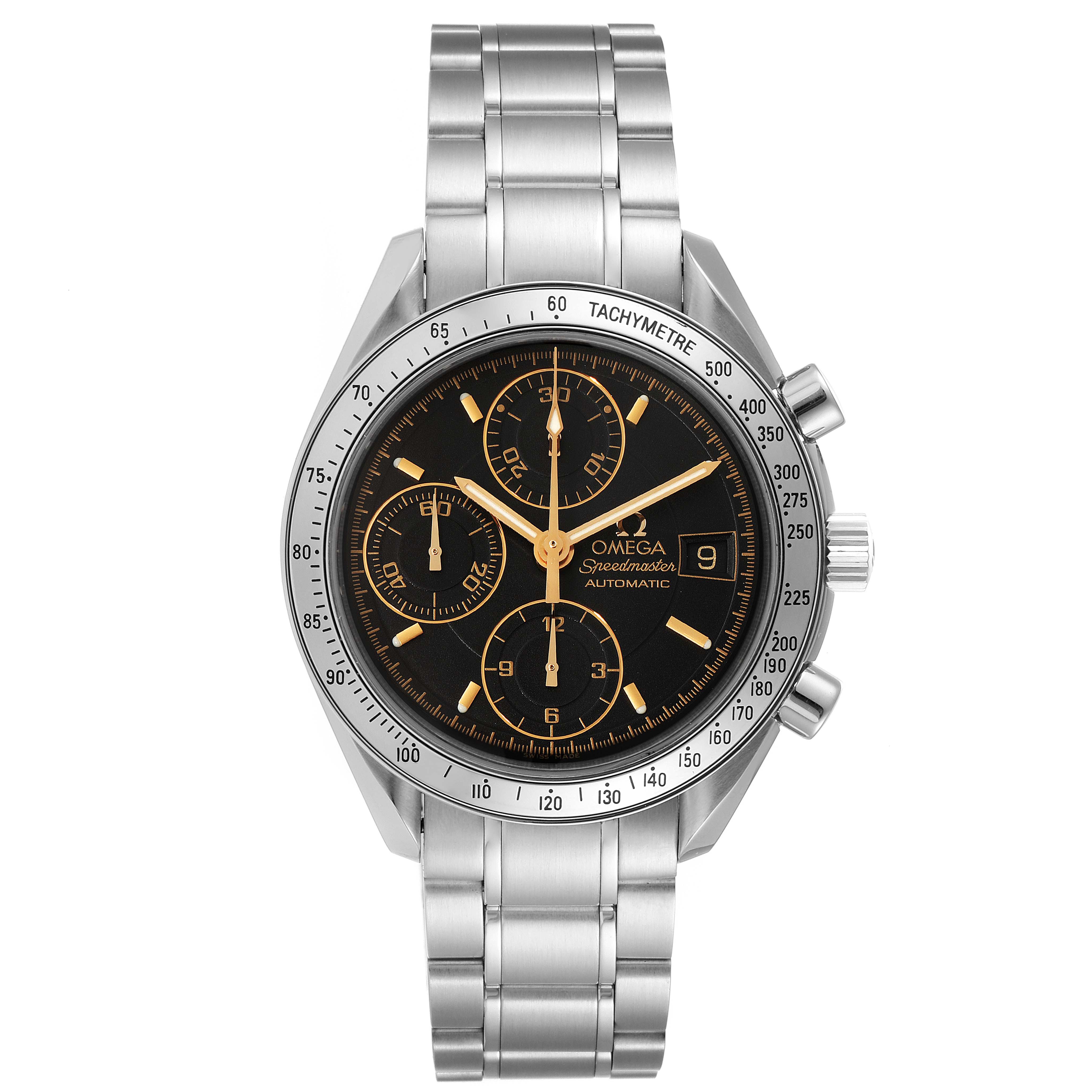 The Omega Speedmaster 3513.54.00 Men
s Stainless Steel Black Dial 3513.54.00 Men
s Stainless Steel Black Dial watch is shown from a front angle, displaying its dial, tachymetre bezel, and stainless steel bracelet.