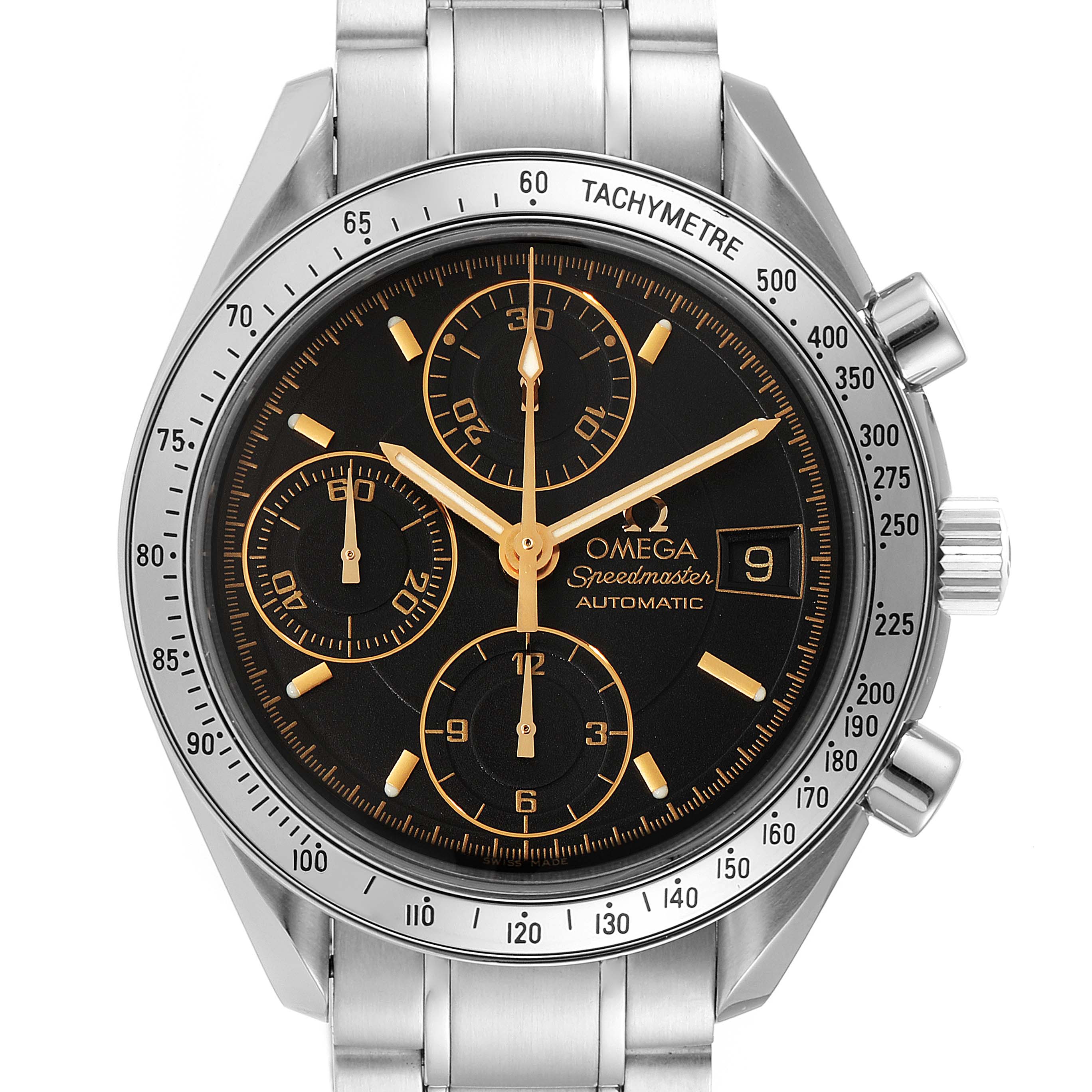 This Omega Speedmaster 3513.54.00 Men
s Stainless Steel Black Dial 3513.54.00 Men
s Stainless Steel Black Dial model watch is shown from the front, highlighting its black dial, chronograph subdials, and stainless steel bracelet.